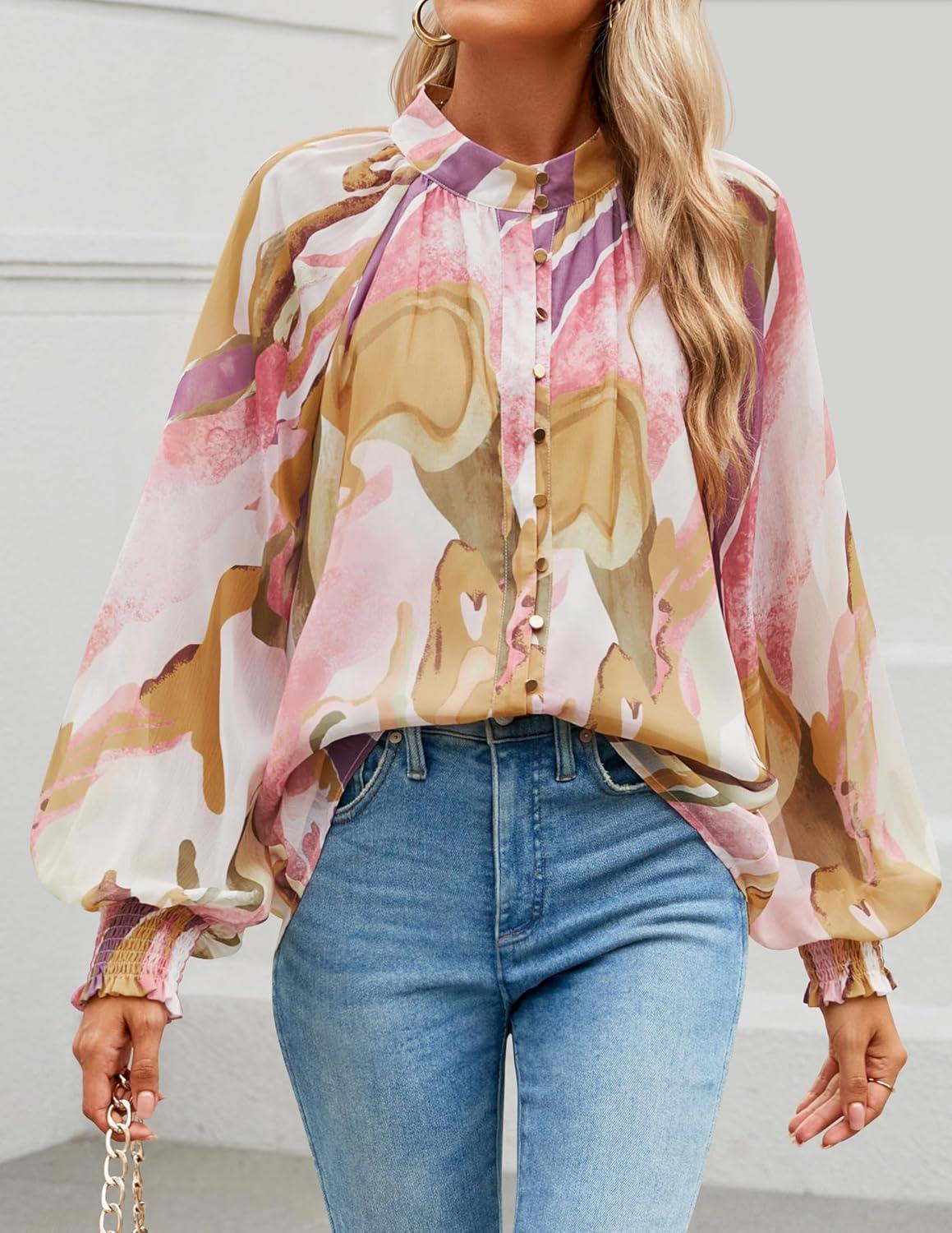 imageZESICA Womens Floral Print Blouse 2026 Long Sleeve Button Down Casual Fall Boho Oversized Tops ShirtsPink