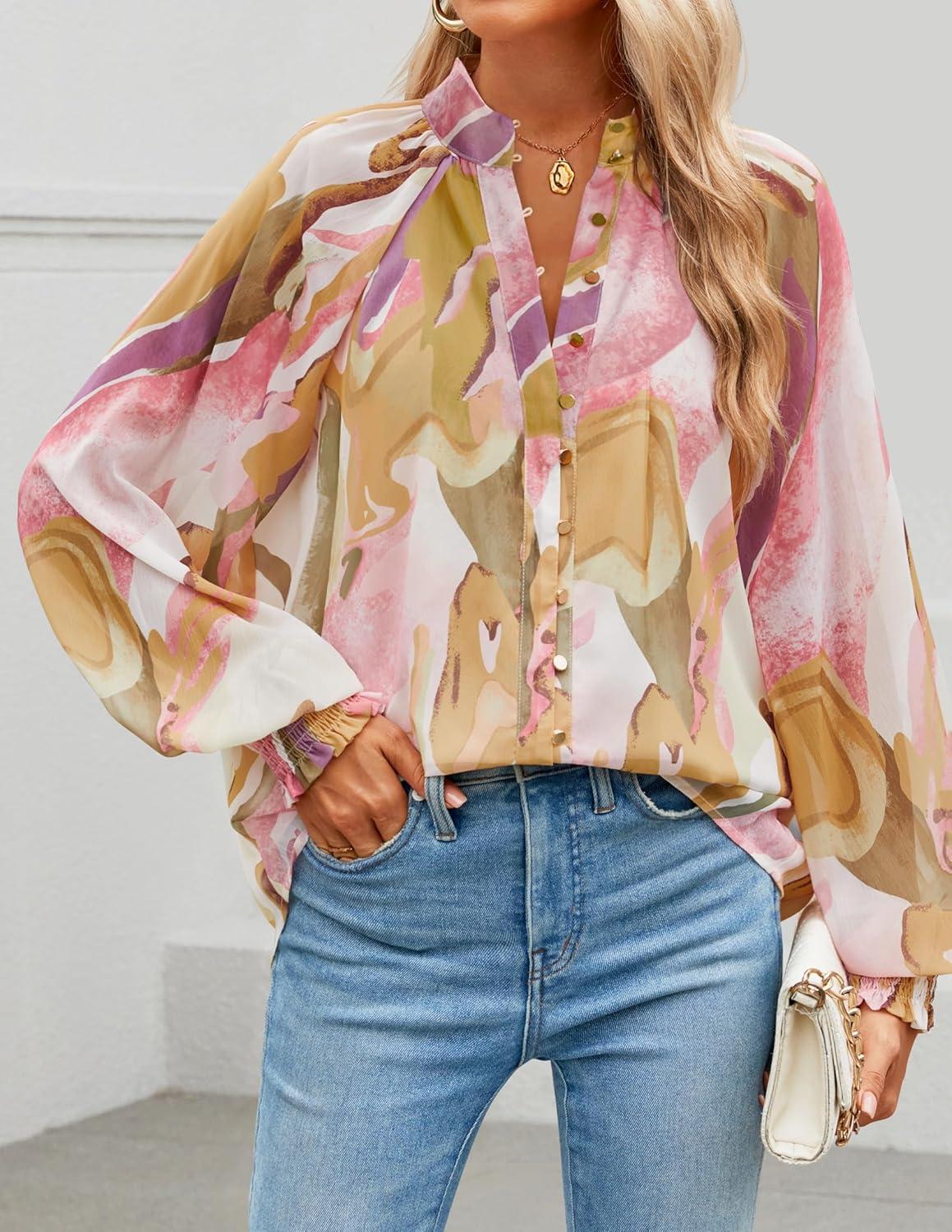 imageZESICA Womens Floral Print Blouse 2026 Long Sleeve Button Down Casual Fall Boho Oversized Tops ShirtsPink