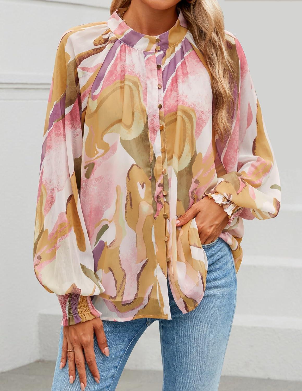 imageZESICA Womens Floral Print Blouse 2026 Long Sleeve Button Down Casual Fall Boho Oversized Tops ShirtsPink