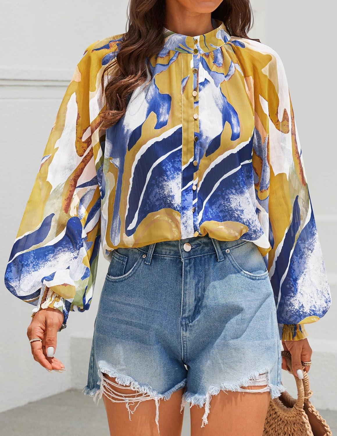 imageZESICA Womens Floral Print Blouse 2026 Long Sleeve Button Down Casual Fall Boho Oversized Tops ShirtsTurquoise