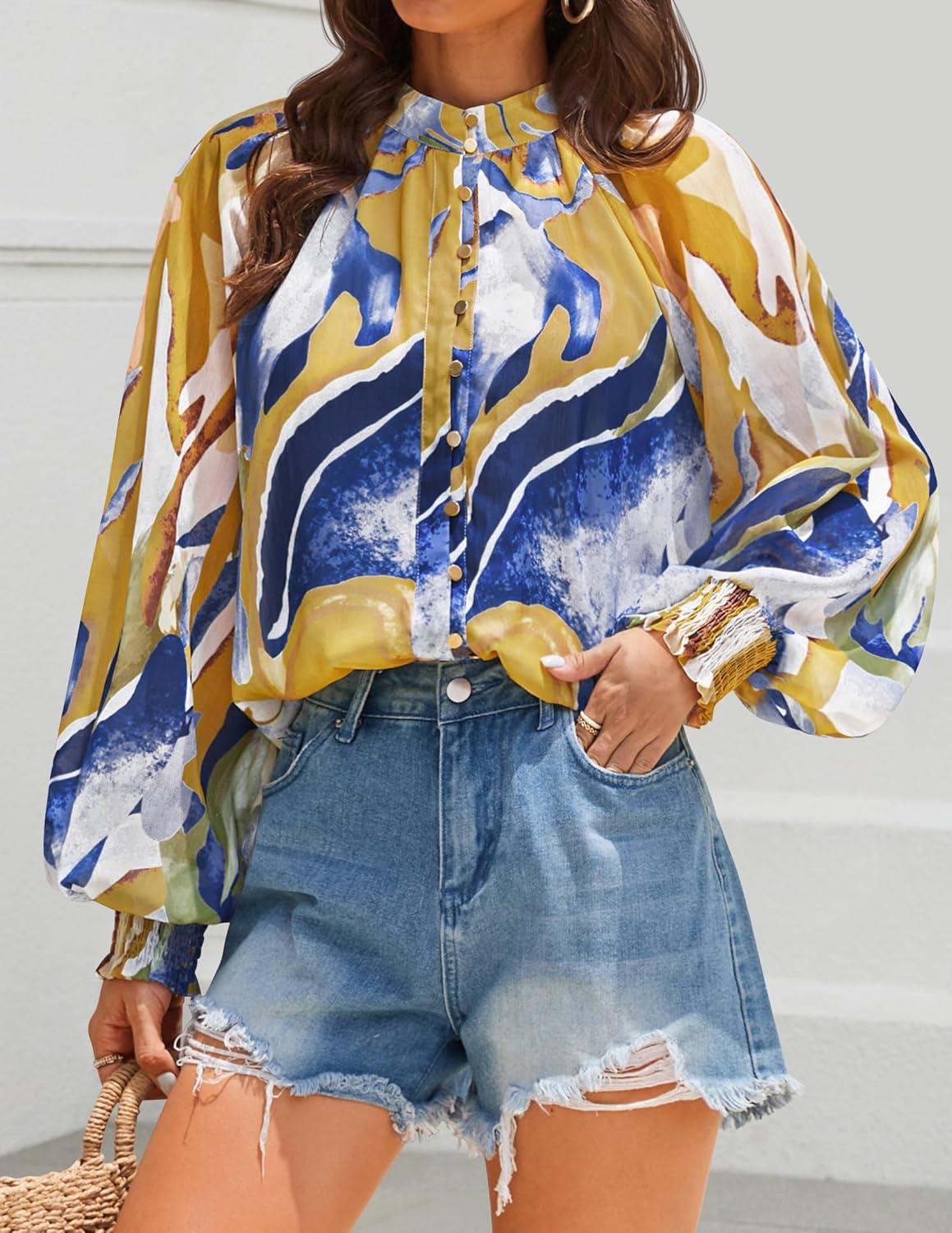 imageZESICA Womens Floral Print Blouse 2026 Long Sleeve Button Down Casual Fall Boho Oversized Tops ShirtsTurquoise