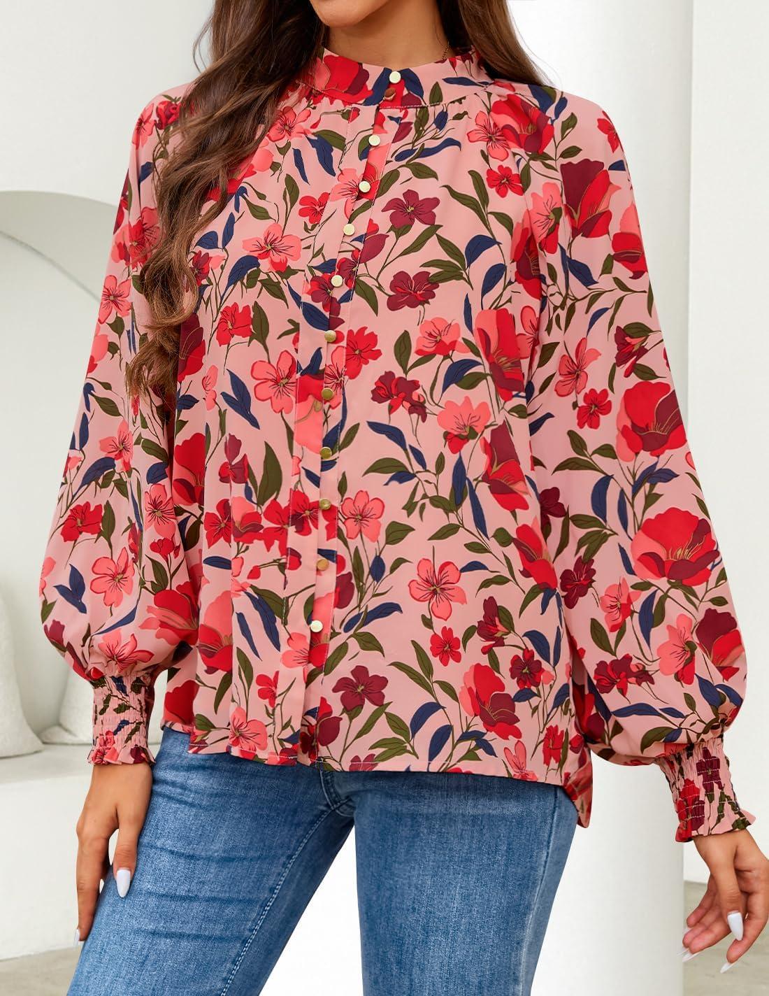 imageZESICA Womens Floral Print Blouse 2026 Long Sleeve Button Down Casual Fall Boho Oversized Tops ShirtsVintage Pink