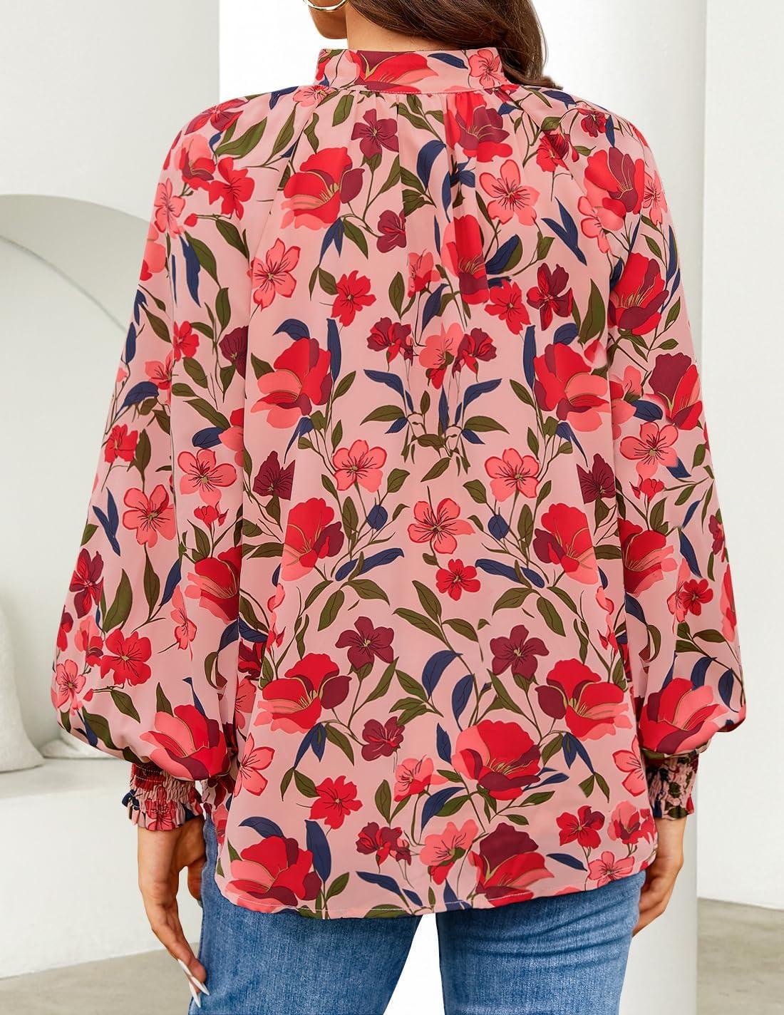 imageZESICA Womens Floral Print Blouse 2026 Long Sleeve Button Down Casual Fall Boho Oversized Tops ShirtsVintage Pink