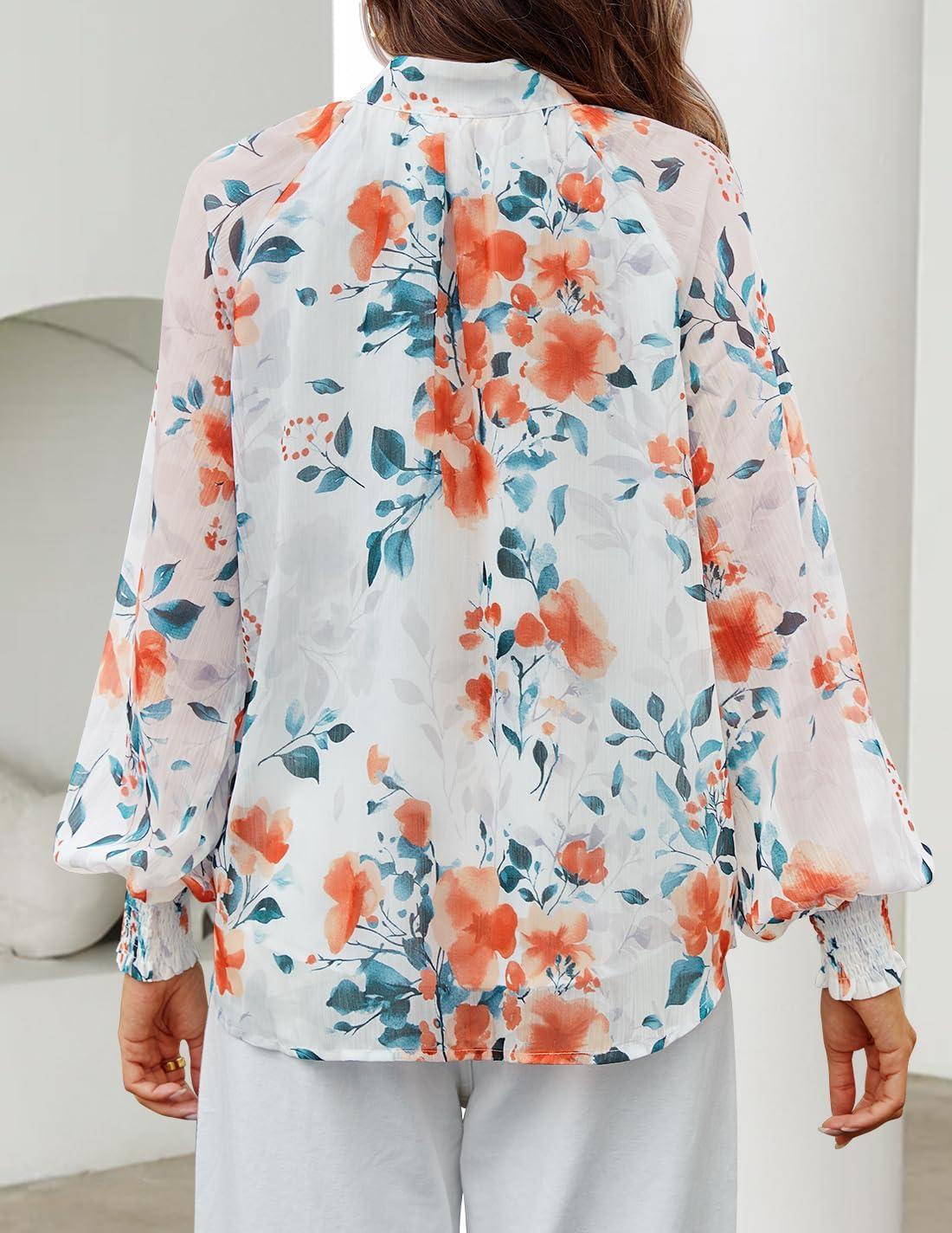 imageZESICA Womens Floral Print Blouse 2026 Long Sleeve Button Down Casual Fall Boho Oversized Tops ShirtsWhite
