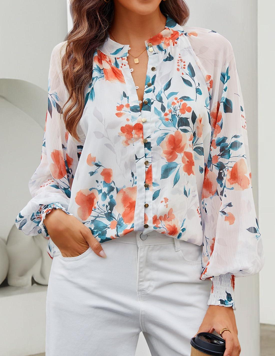 imageZESICA Womens Floral Print Blouse 2026 Long Sleeve Button Down Casual Fall Boho Oversized Tops ShirtsWhite