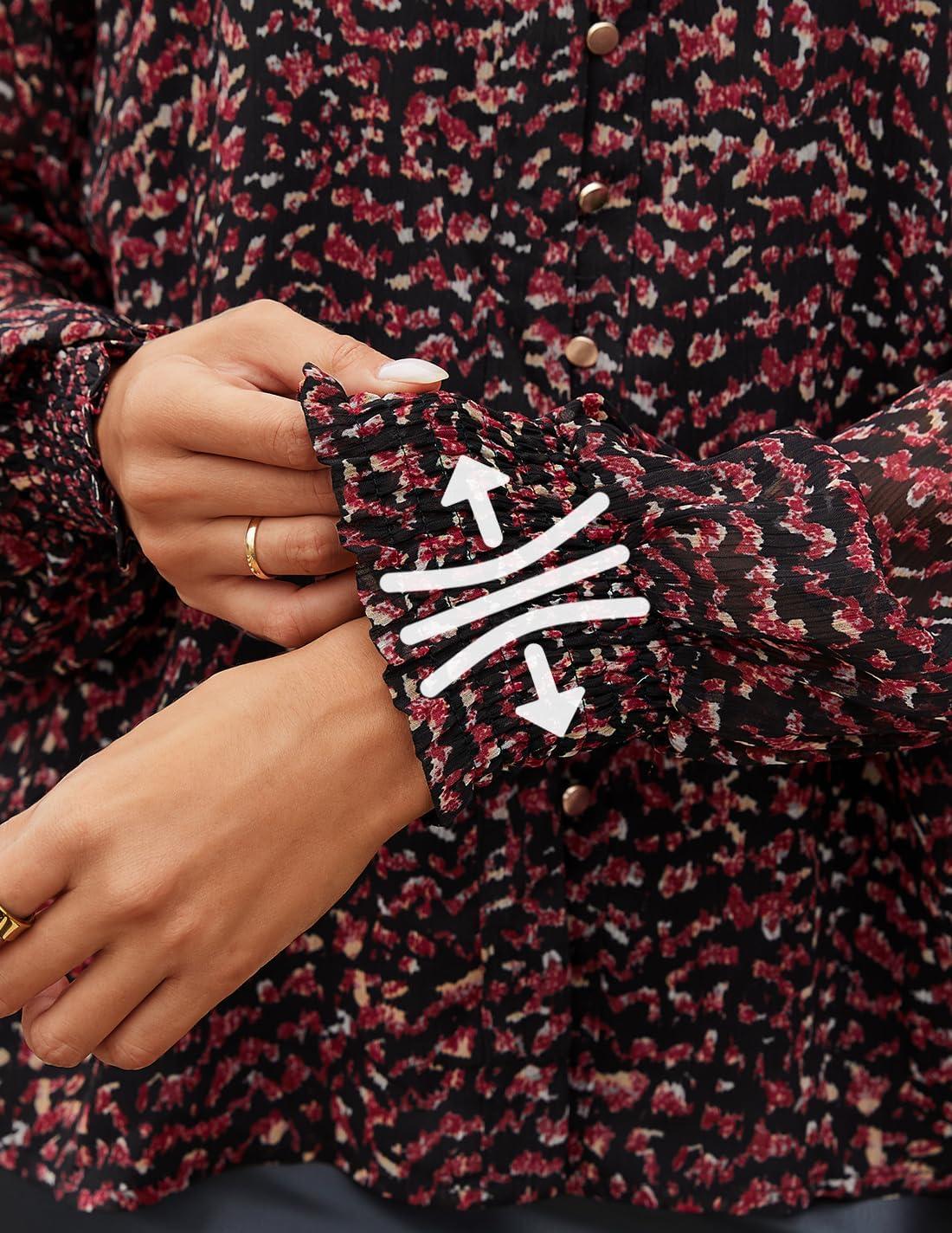 imageZESICA Womens Floral Print Blouse 2026 Long Sleeve Button Down Casual Fall Boho Oversized Tops ShirtsWine Red