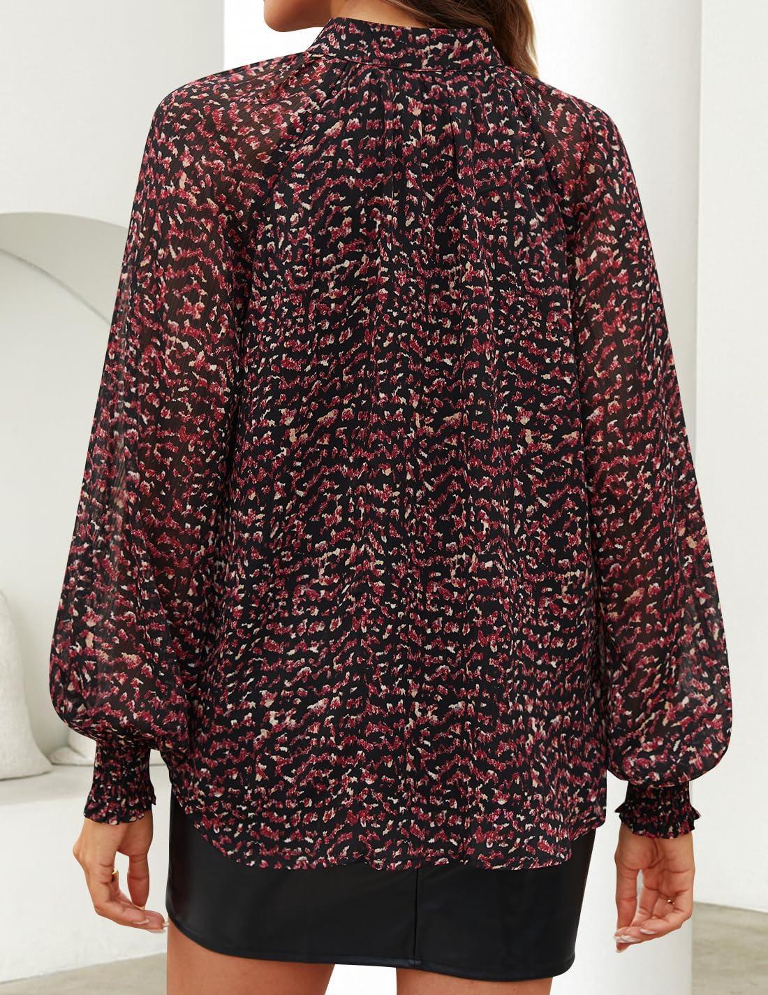 imageZESICA Womens Floral Print Blouse 2026 Long Sleeve Button Down Casual Fall Boho Oversized Tops ShirtsWine Red