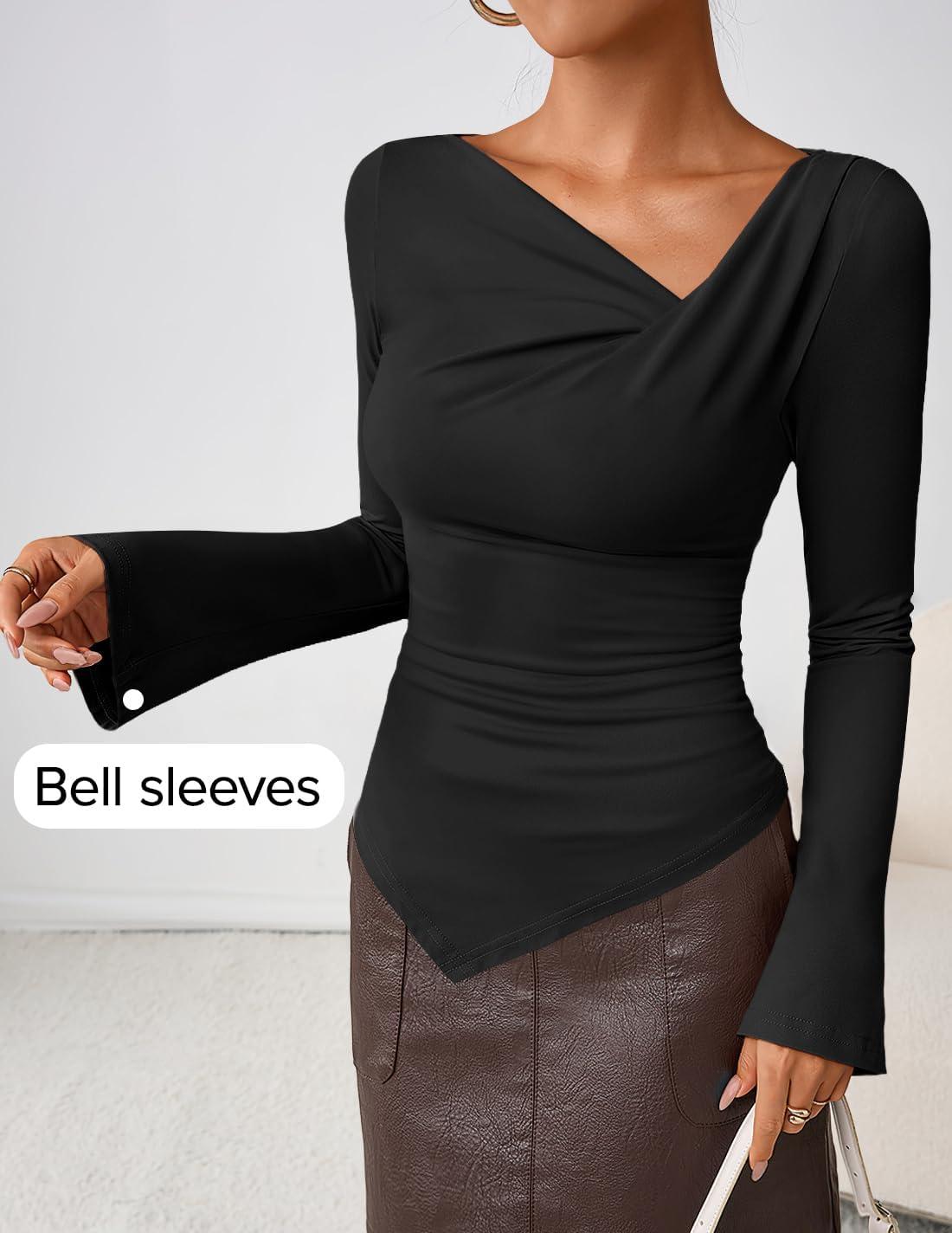 imageZESICA Womens Long Bell Sleeve Shirts 2026 Fall Going Out Asymmetrical Crop Tops Slim Fit Ribbed Ruched Y2K ClothesBlack