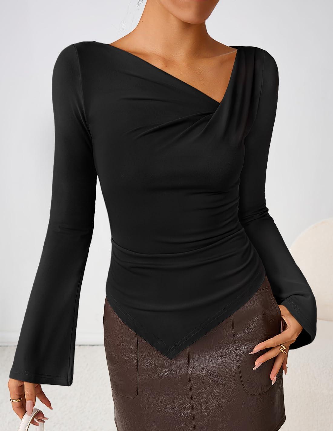 imageZESICA Womens Long Bell Sleeve Shirts 2026 Fall Going Out Asymmetrical Crop Tops Slim Fit Ribbed Ruched Y2K ClothesBlack
