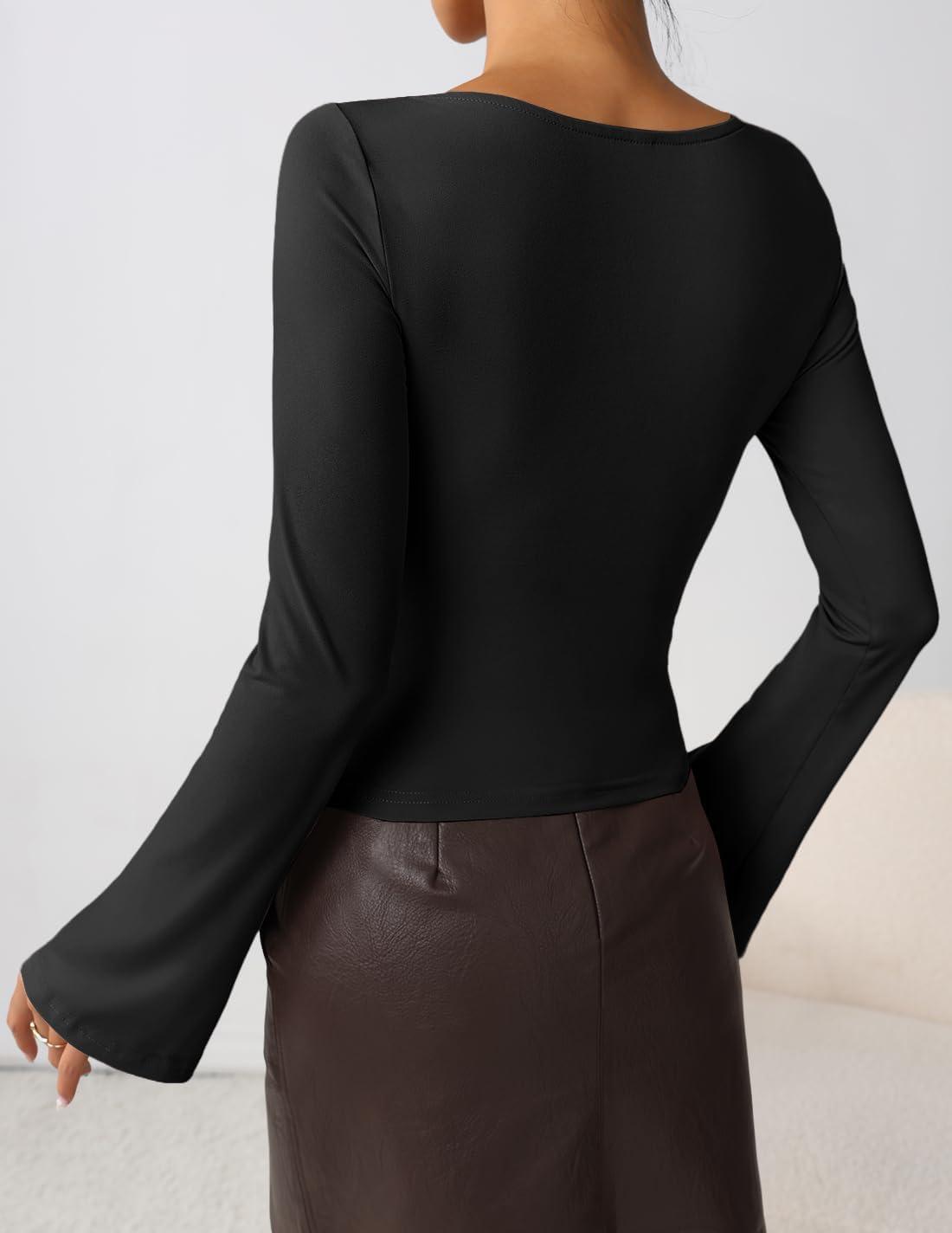 imageZESICA Womens Long Bell Sleeve Shirts 2026 Fall Going Out Asymmetrical Crop Tops Slim Fit Ribbed Ruched Y2K ClothesBlack