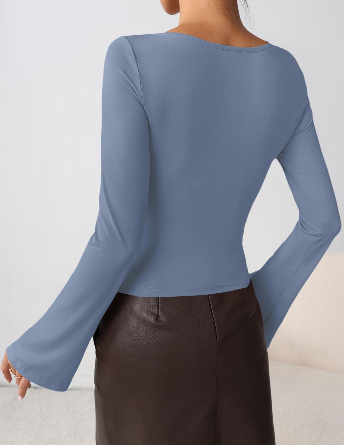 imageZESICA Womens Long Bell Sleeve Shirts 2026 Fall Going Out Asymmetrical Crop Tops Slim Fit Ribbed Ruched Y2K ClothesBlue