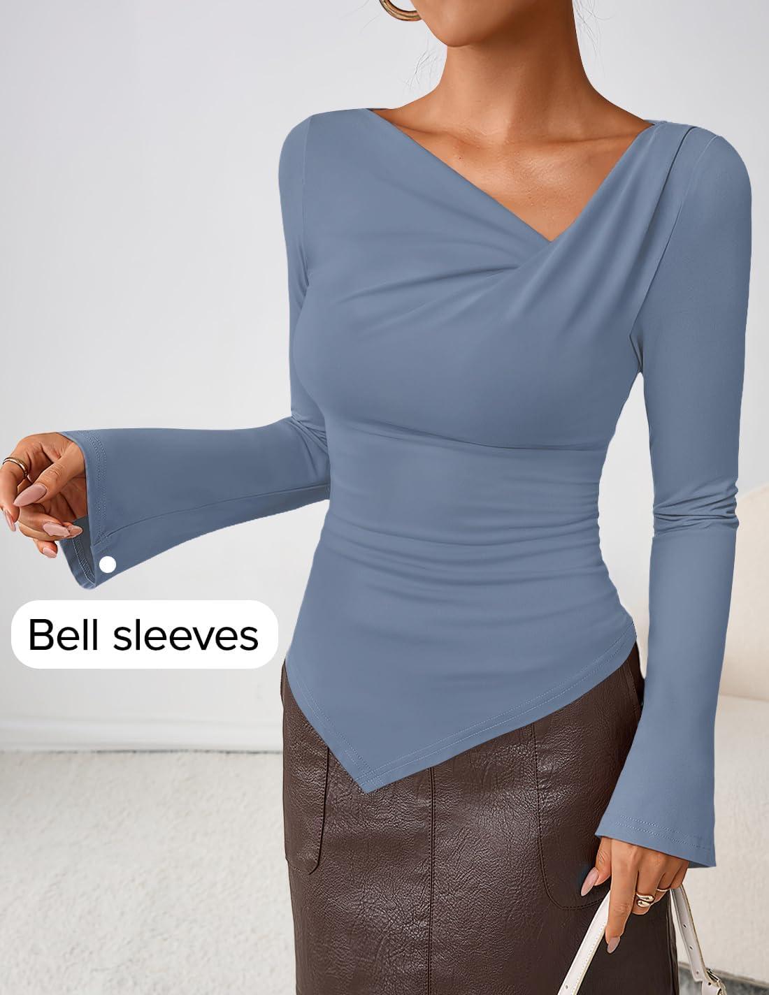 imageZESICA Womens Long Bell Sleeve Shirts 2026 Fall Going Out Asymmetrical Crop Tops Slim Fit Ribbed Ruched Y2K ClothesBlue
