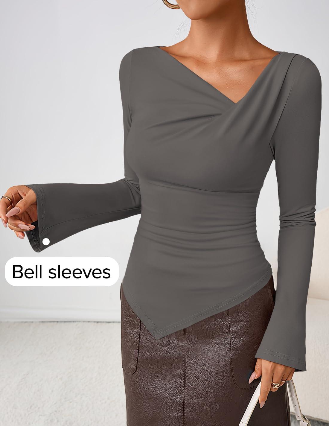 imageZESICA Womens Long Bell Sleeve Shirts 2026 Fall Going Out Asymmetrical Crop Tops Slim Fit Ribbed Ruched Y2K ClothesGrey