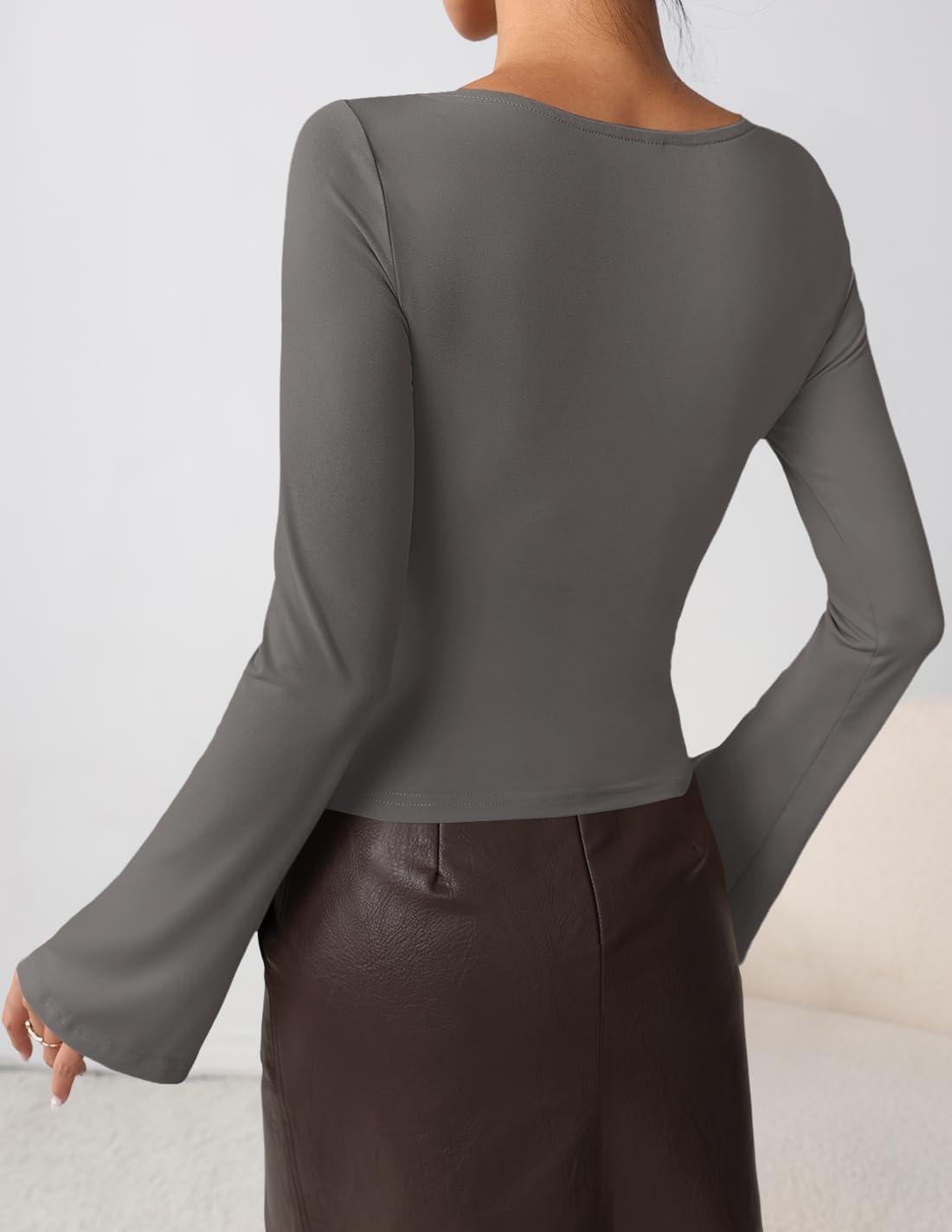 imageZESICA Womens Long Bell Sleeve Shirts 2026 Fall Going Out Asymmetrical Crop Tops Slim Fit Ribbed Ruched Y2K ClothesGrey