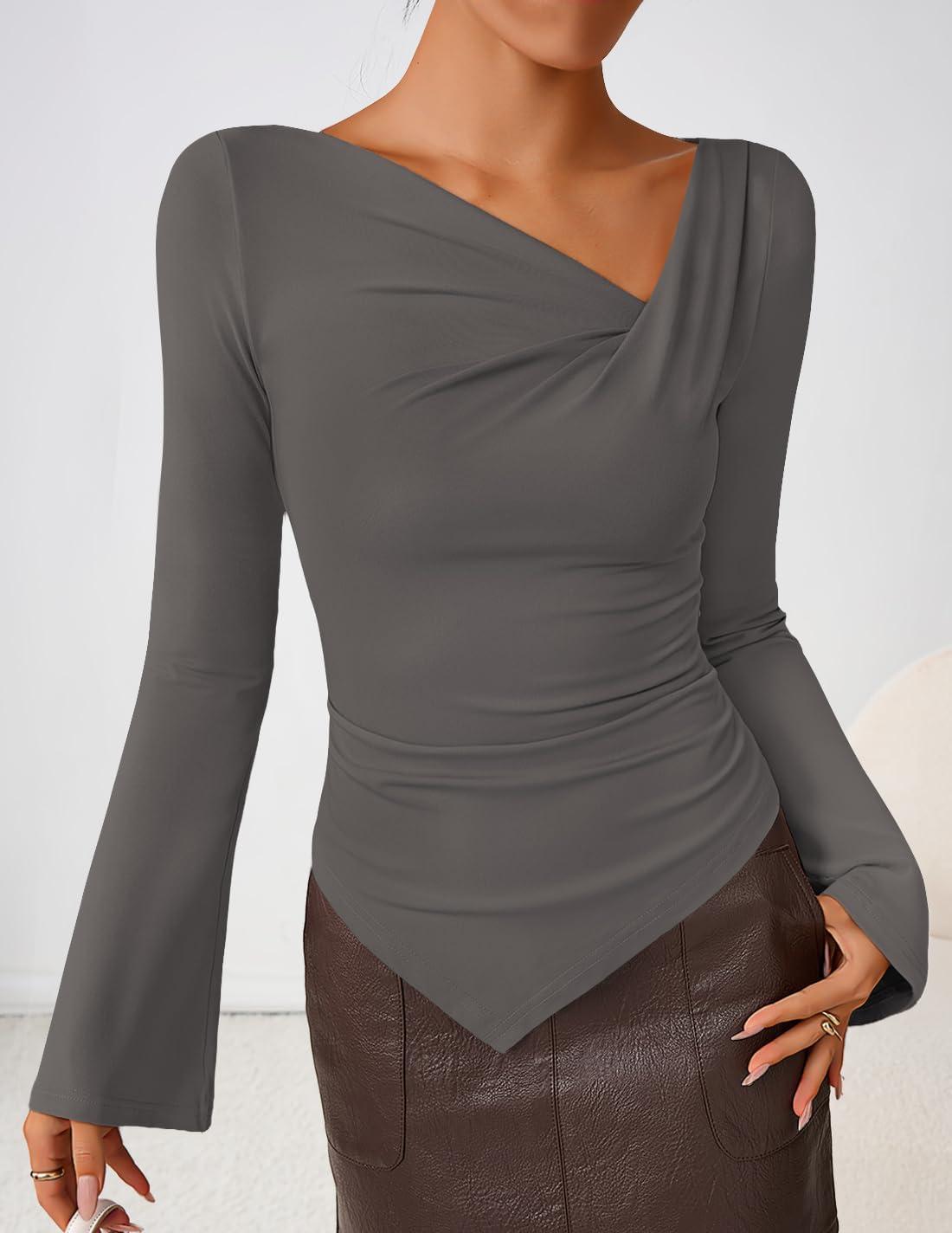 imageZESICA Womens Long Bell Sleeve Shirts 2026 Fall Going Out Asymmetrical Crop Tops Slim Fit Ribbed Ruched Y2K ClothesGrey