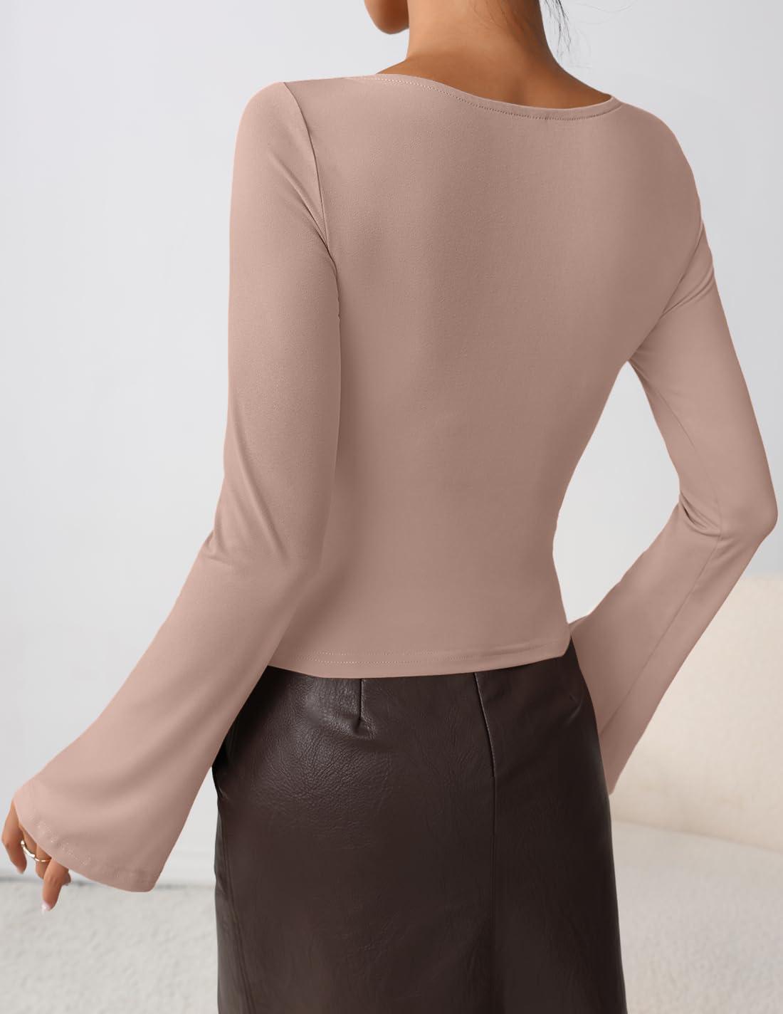 imageZESICA Womens Long Bell Sleeve Shirts 2026 Fall Going Out Asymmetrical Crop Tops Slim Fit Ribbed Ruched Y2K ClothesLightkhaki