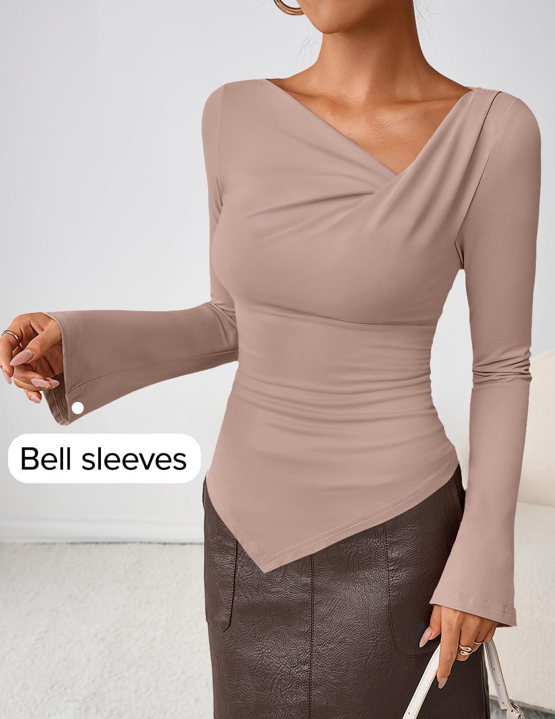 imageZESICA Womens Long Bell Sleeve Shirts 2026 Fall Going Out Asymmetrical Crop Tops Slim Fit Ribbed Ruched Y2K ClothesLightkhaki