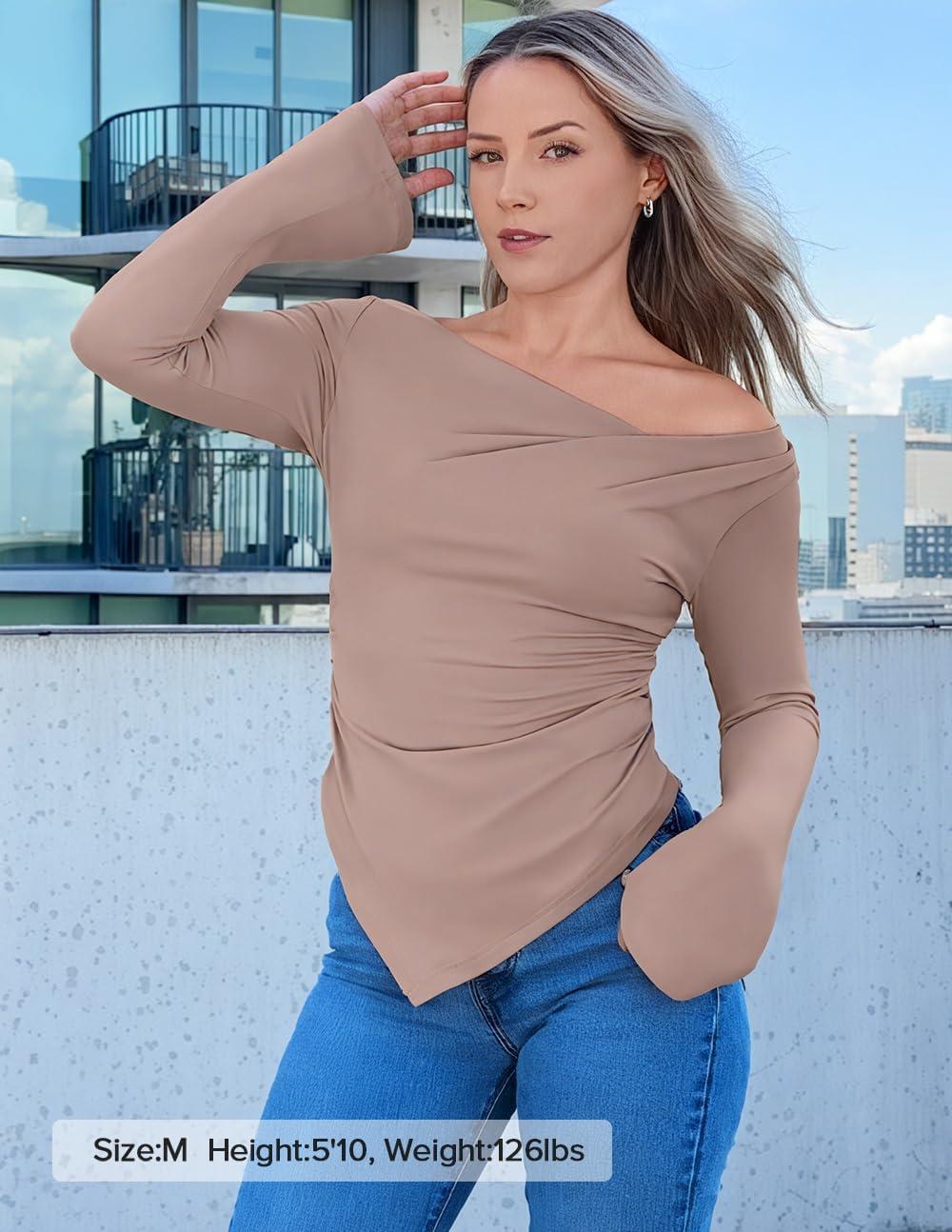 imageZESICA Womens Long Bell Sleeve Shirts 2026 Fall Going Out Asymmetrical Crop Tops Slim Fit Ribbed Ruched Y2K ClothesLightkhaki