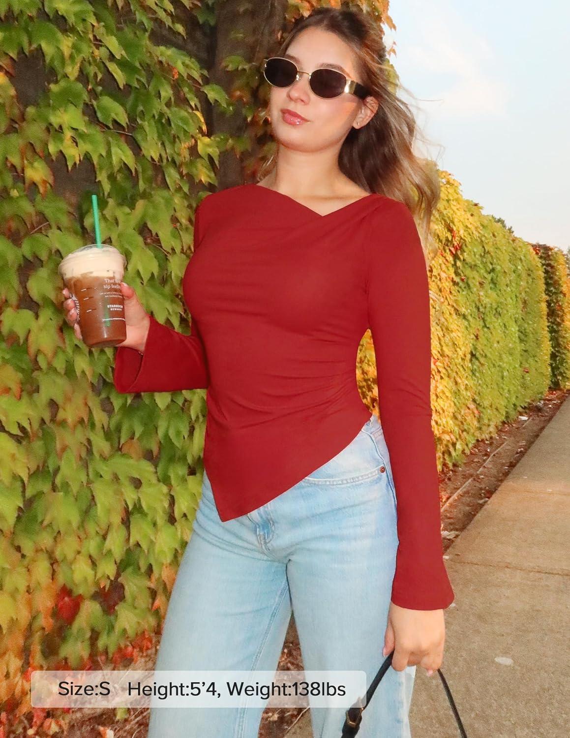 imageZESICA Womens Long Bell Sleeve Shirts 2026 Fall Going Out Asymmetrical Crop Tops Slim Fit Ribbed Ruched Y2K ClothesRed