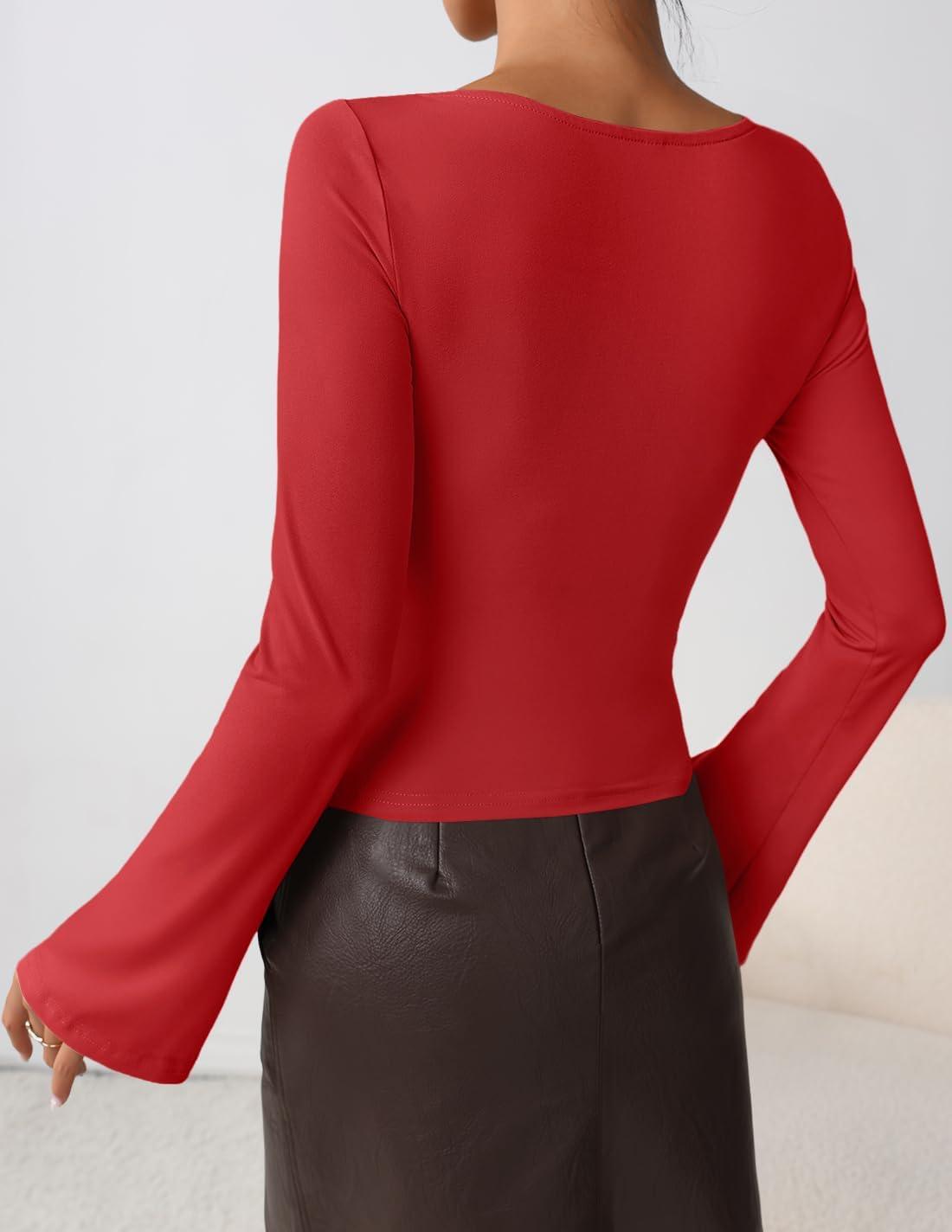 imageZESICA Womens Long Bell Sleeve Shirts 2026 Fall Going Out Asymmetrical Crop Tops Slim Fit Ribbed Ruched Y2K ClothesRed