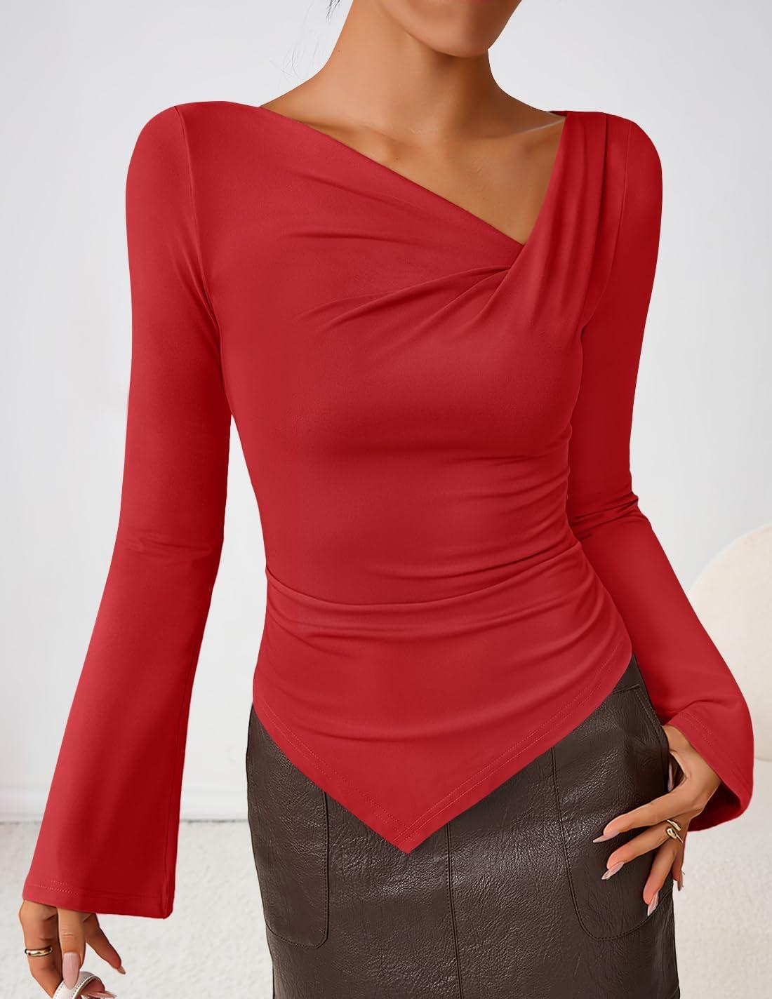 imageZESICA Womens Long Bell Sleeve Shirts 2026 Fall Going Out Asymmetrical Crop Tops Slim Fit Ribbed Ruched Y2K ClothesRed