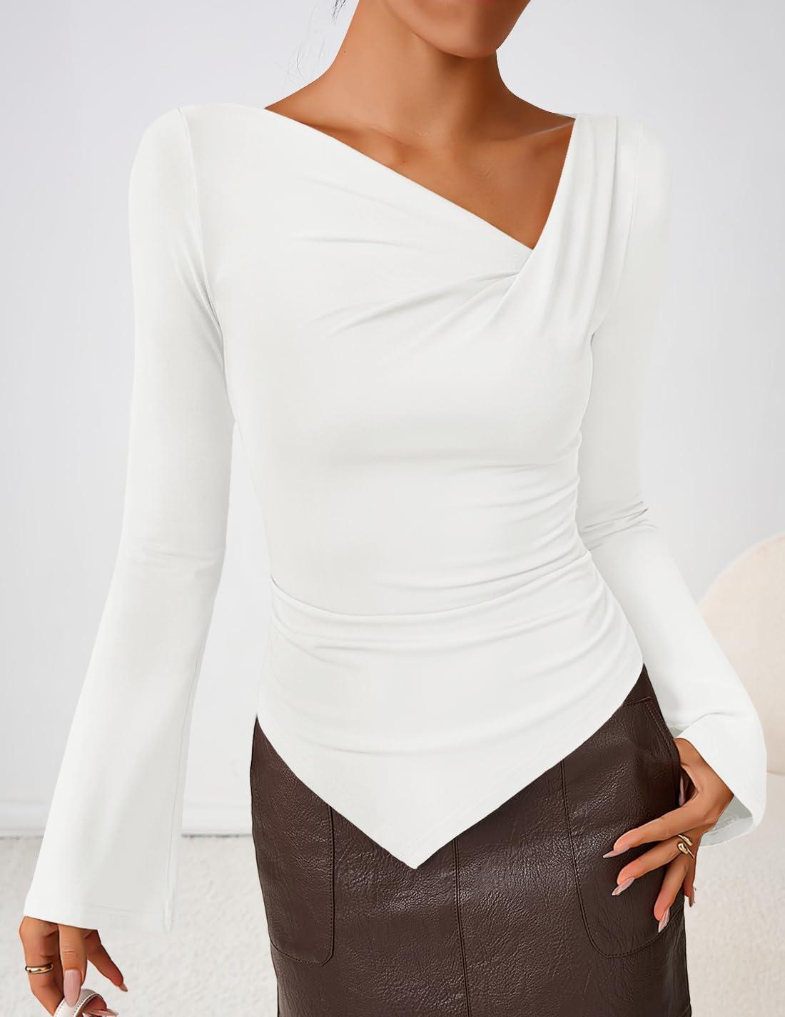 imageZESICA Womens Long Bell Sleeve Shirts 2026 Fall Going Out Asymmetrical Crop Tops Slim Fit Ribbed Ruched Y2K ClothesWhite