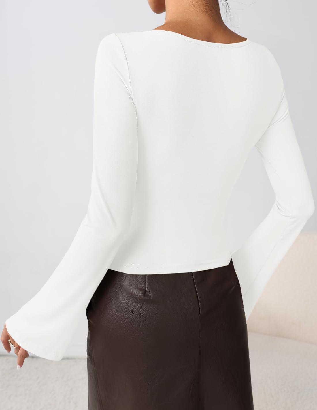 imageZESICA Womens Long Bell Sleeve Shirts 2026 Fall Going Out Asymmetrical Crop Tops Slim Fit Ribbed Ruched Y2K ClothesWhite