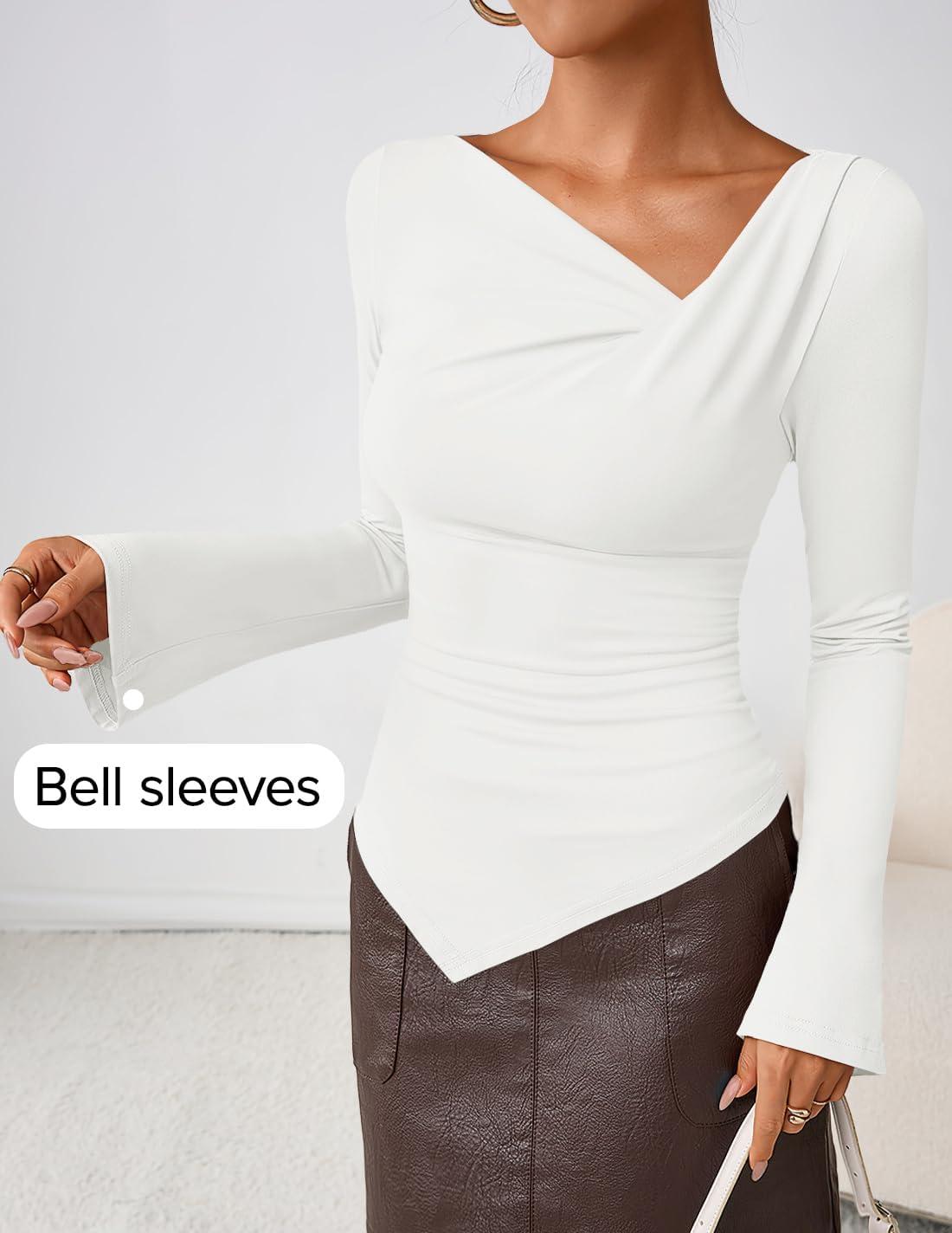 imageZESICA Womens Long Bell Sleeve Shirts 2026 Fall Going Out Asymmetrical Crop Tops Slim Fit Ribbed Ruched Y2K ClothesWhite