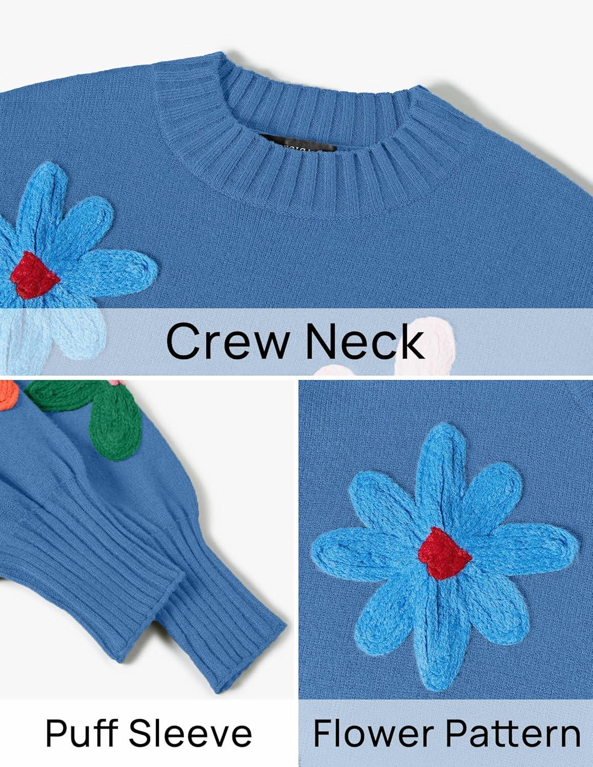 imageZESICA Womens Long Puff Sleeve Sweaters Casual Crewneck Ribbed Knit Flower Color Block Loose Pullover TopsBlue