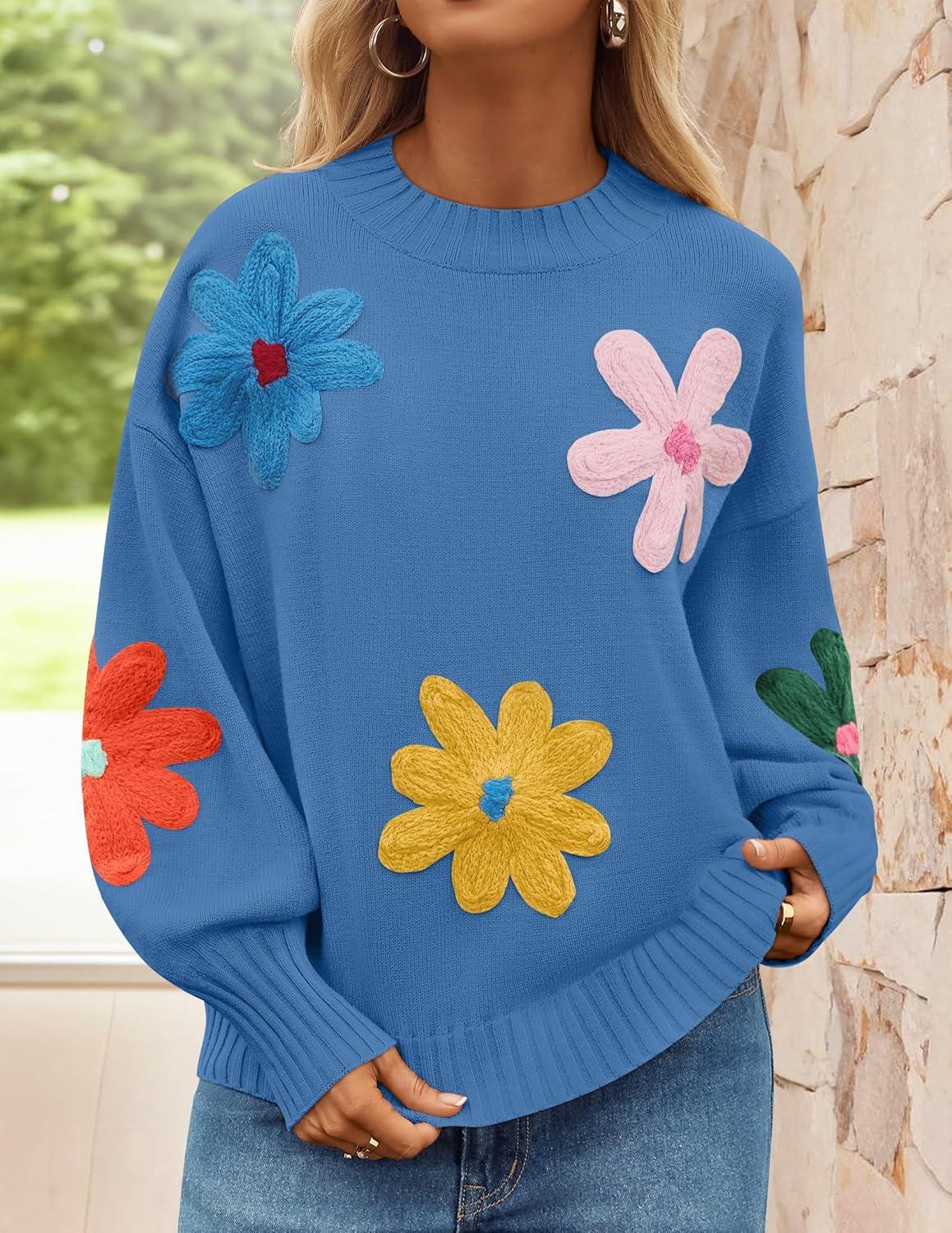 imageZESICA Womens Long Puff Sleeve Sweaters Casual Crewneck Ribbed Knit Flower Color Block Loose Pullover TopsBlue