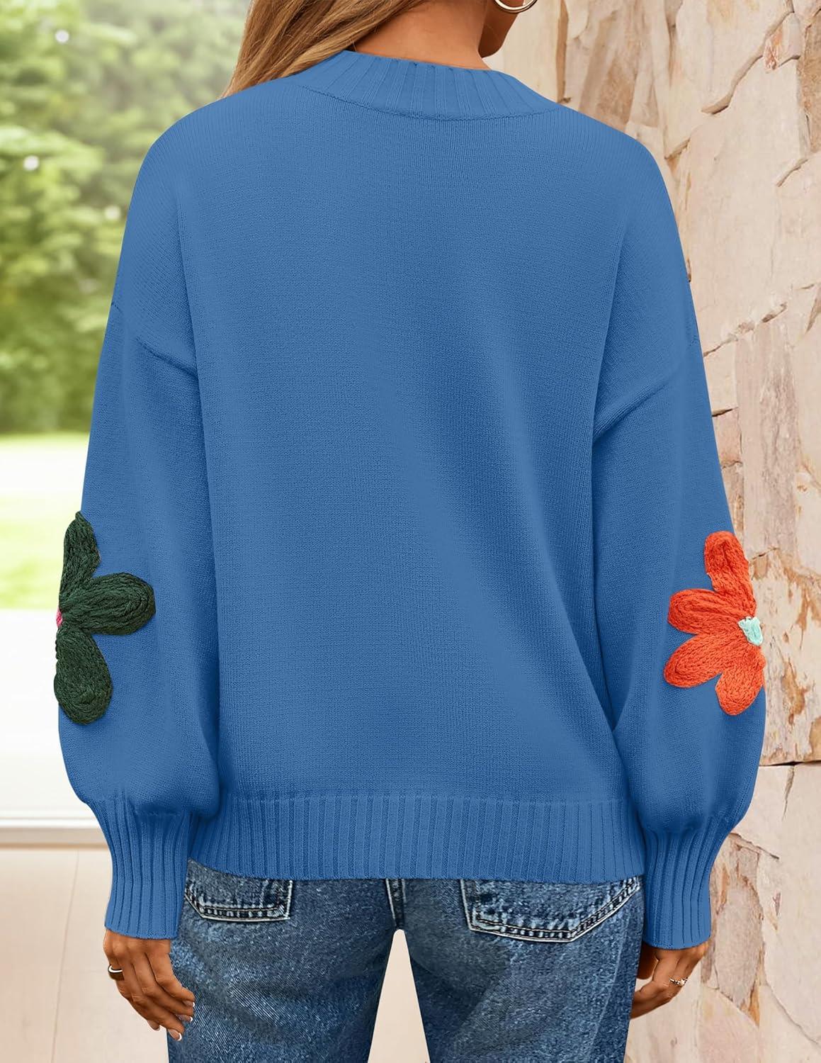 imageZESICA Womens Long Puff Sleeve Sweaters Casual Crewneck Ribbed Knit Flower Color Block Loose Pullover TopsBlue