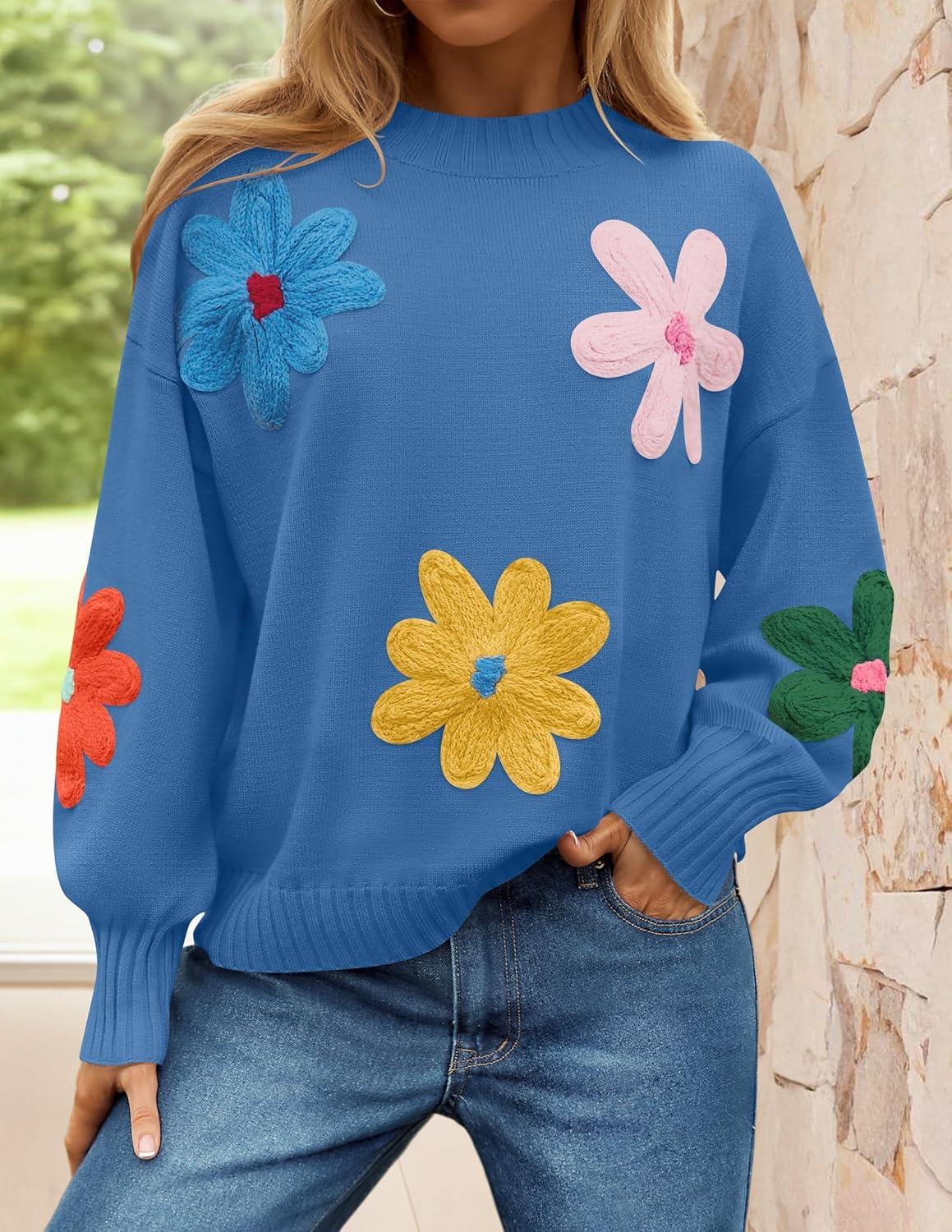 imageZESICA Womens Long Puff Sleeve Sweaters Casual Crewneck Ribbed Knit Flower Color Block Loose Pullover TopsBlue