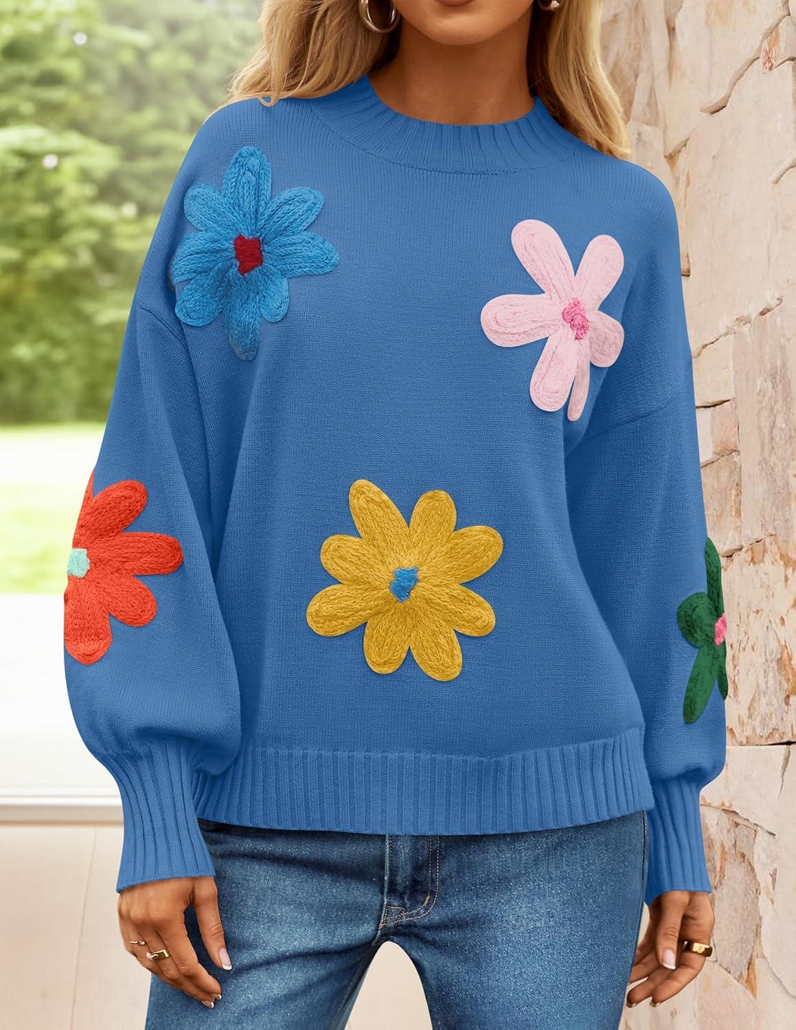 imageZESICA Womens Long Puff Sleeve Sweaters Casual Crewneck Ribbed Knit Flower Color Block Loose Pullover TopsBlue