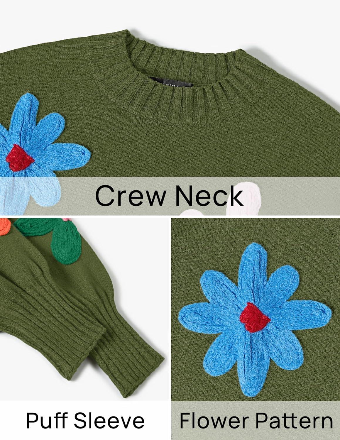 imageZESICA Womens Long Puff Sleeve Sweaters Casual Crewneck Ribbed Knit Flower Color Block Loose Pullover TopsGreen