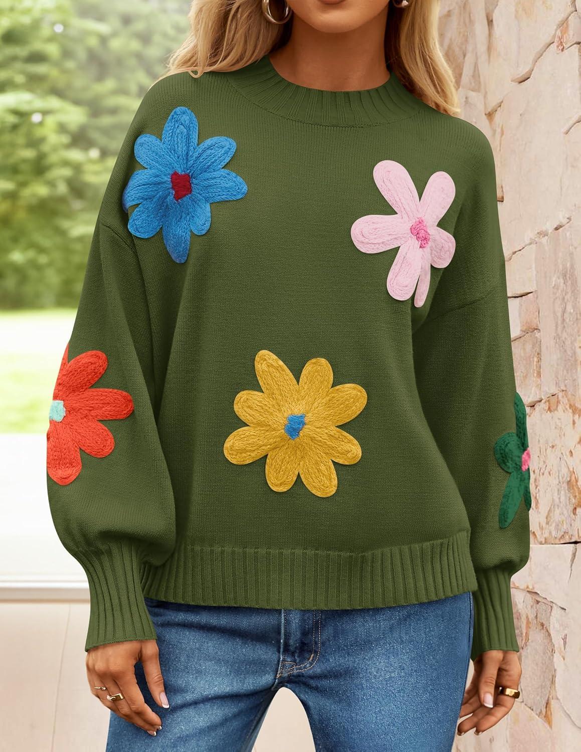 imageZESICA Womens Long Puff Sleeve Sweaters Casual Crewneck Ribbed Knit Flower Color Block Loose Pullover TopsGreen