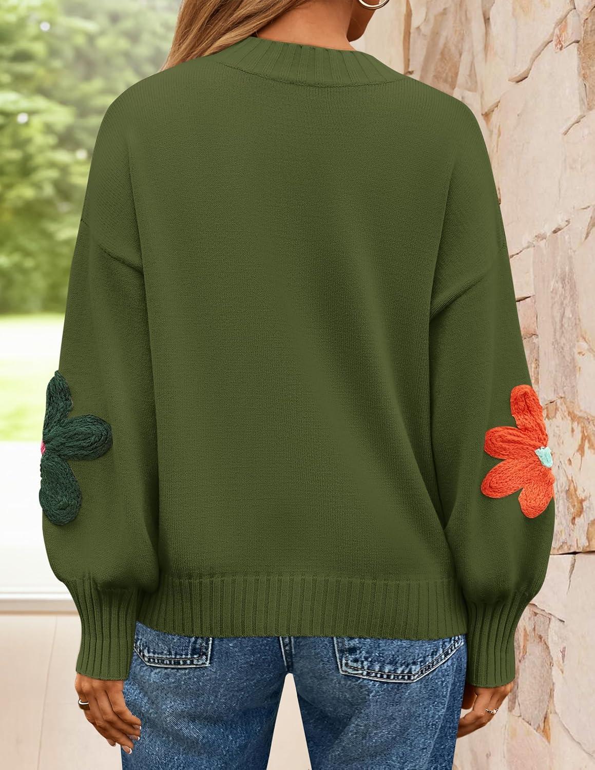 imageZESICA Womens Long Puff Sleeve Sweaters Casual Crewneck Ribbed Knit Flower Color Block Loose Pullover TopsGreen