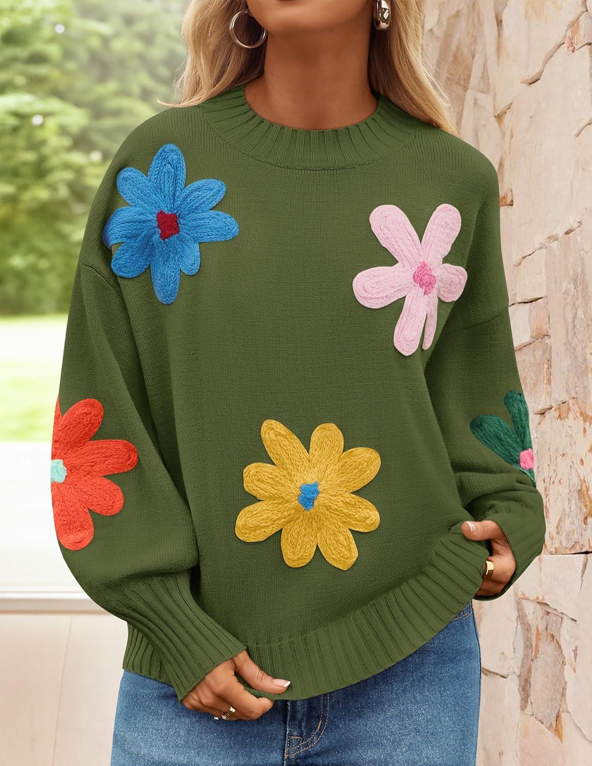imageZESICA Womens Long Puff Sleeve Sweaters Casual Crewneck Ribbed Knit Flower Color Block Loose Pullover TopsGreen