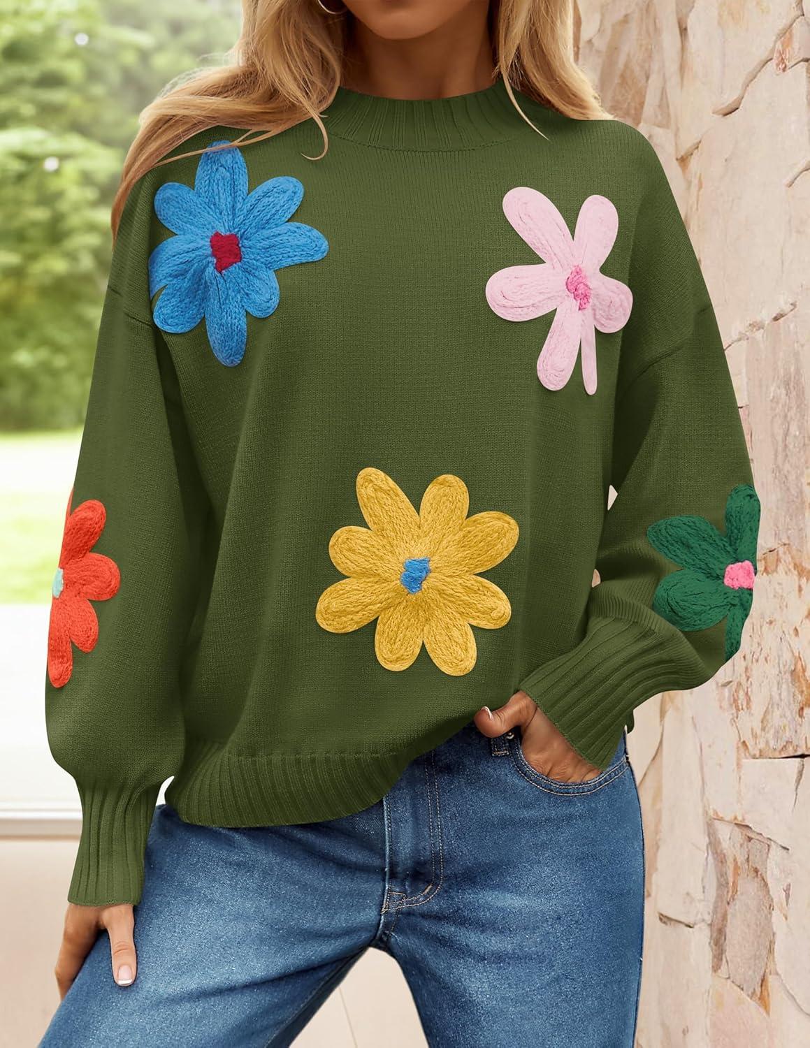 imageZESICA Womens Long Puff Sleeve Sweaters Casual Crewneck Ribbed Knit Flower Color Block Loose Pullover TopsGreen