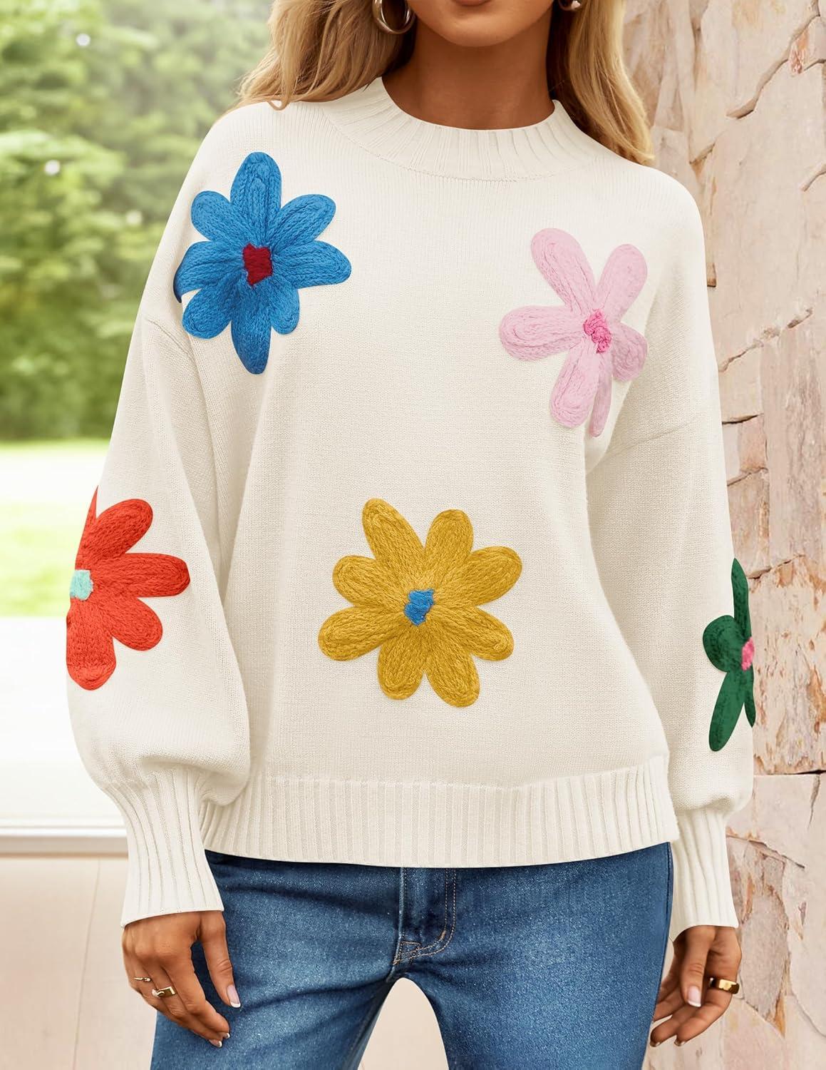 imageZESICA Womens Long Puff Sleeve Sweaters Casual Crewneck Ribbed Knit Flower Color Block Loose Pullover TopsIvory