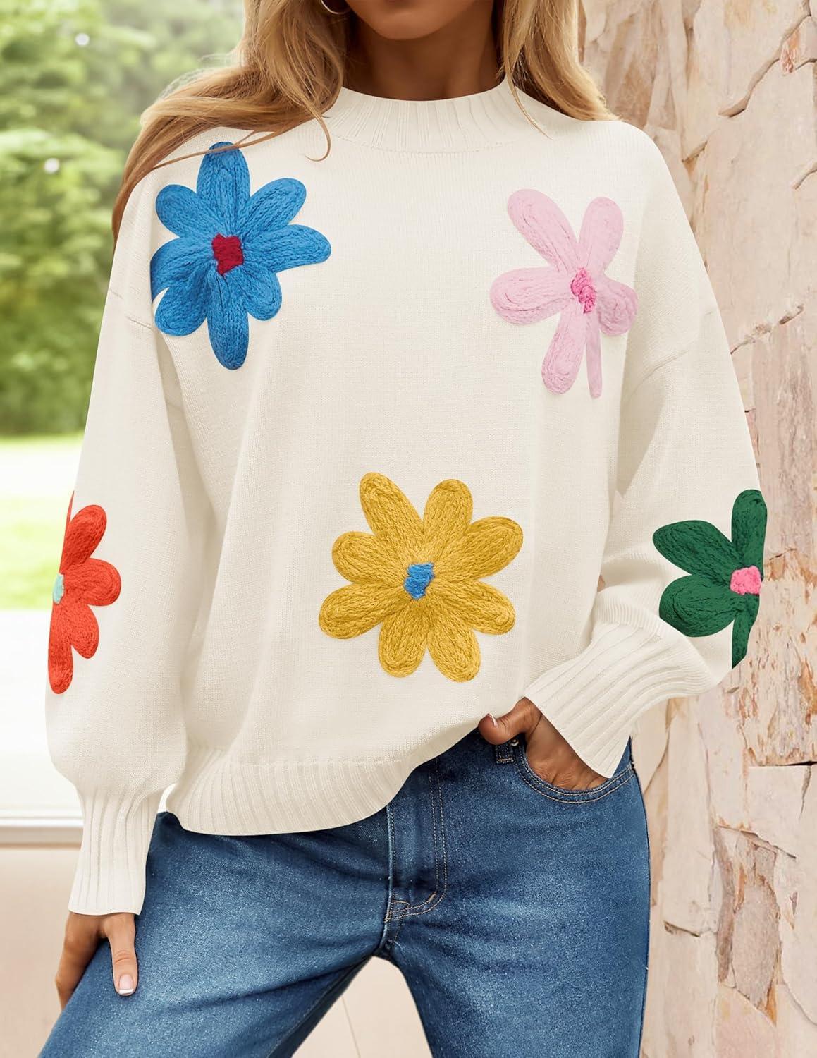 imageZESICA Womens Long Puff Sleeve Sweaters Casual Crewneck Ribbed Knit Flower Color Block Loose Pullover TopsIvory