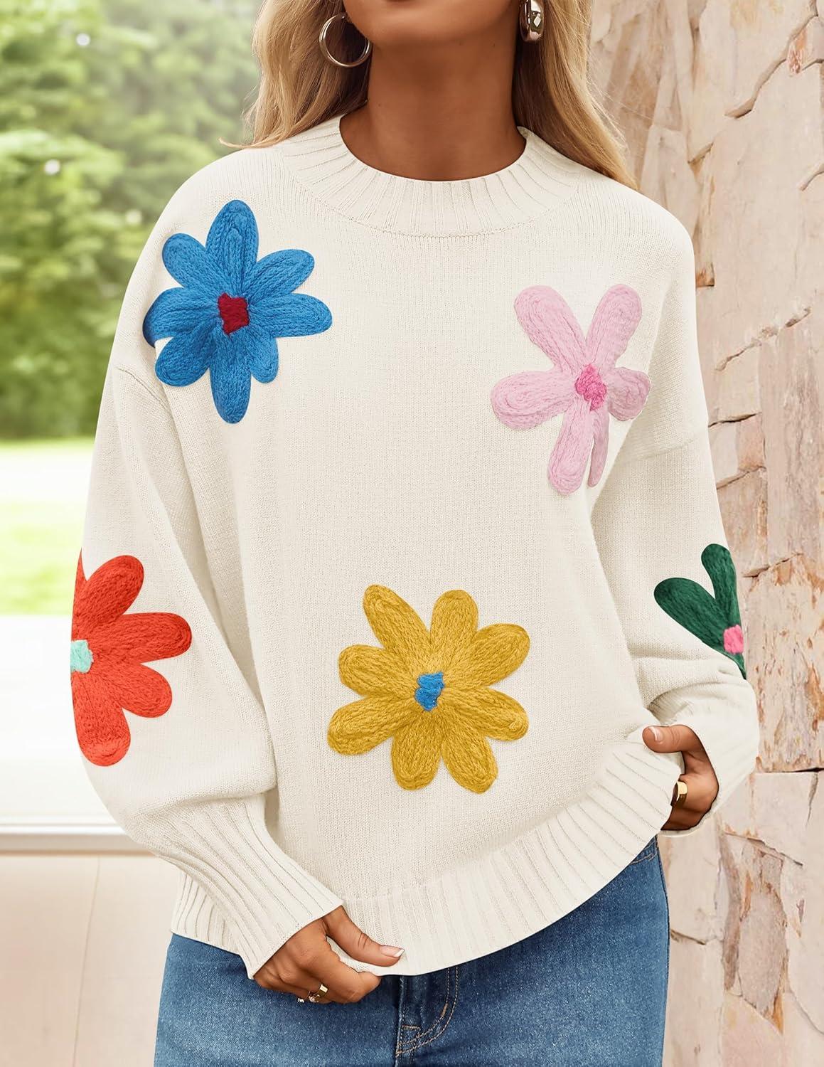 imageZESICA Womens Long Puff Sleeve Sweaters Casual Crewneck Ribbed Knit Flower Color Block Loose Pullover TopsIvory
