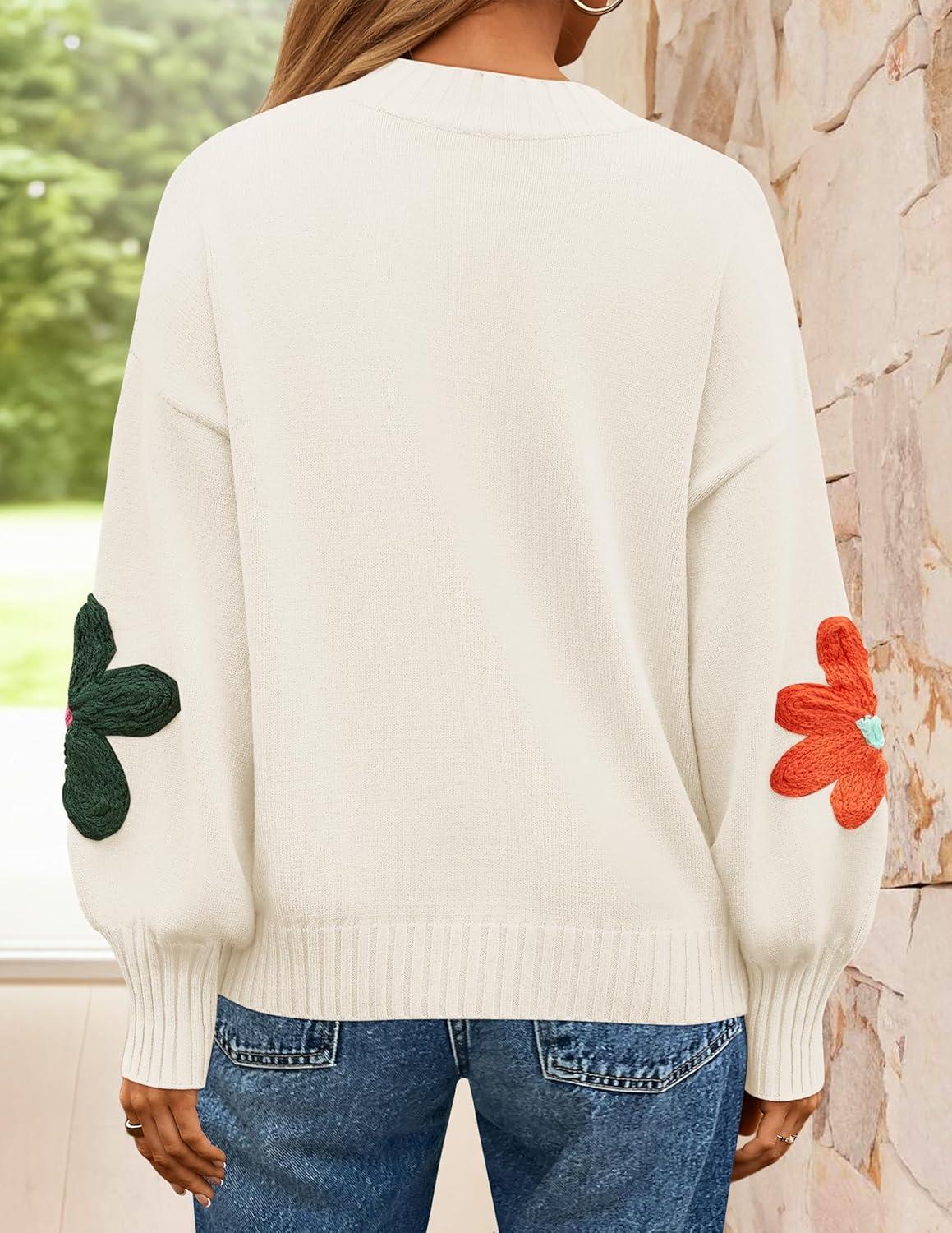 imageZESICA Womens Long Puff Sleeve Sweaters Casual Crewneck Ribbed Knit Flower Color Block Loose Pullover TopsIvory