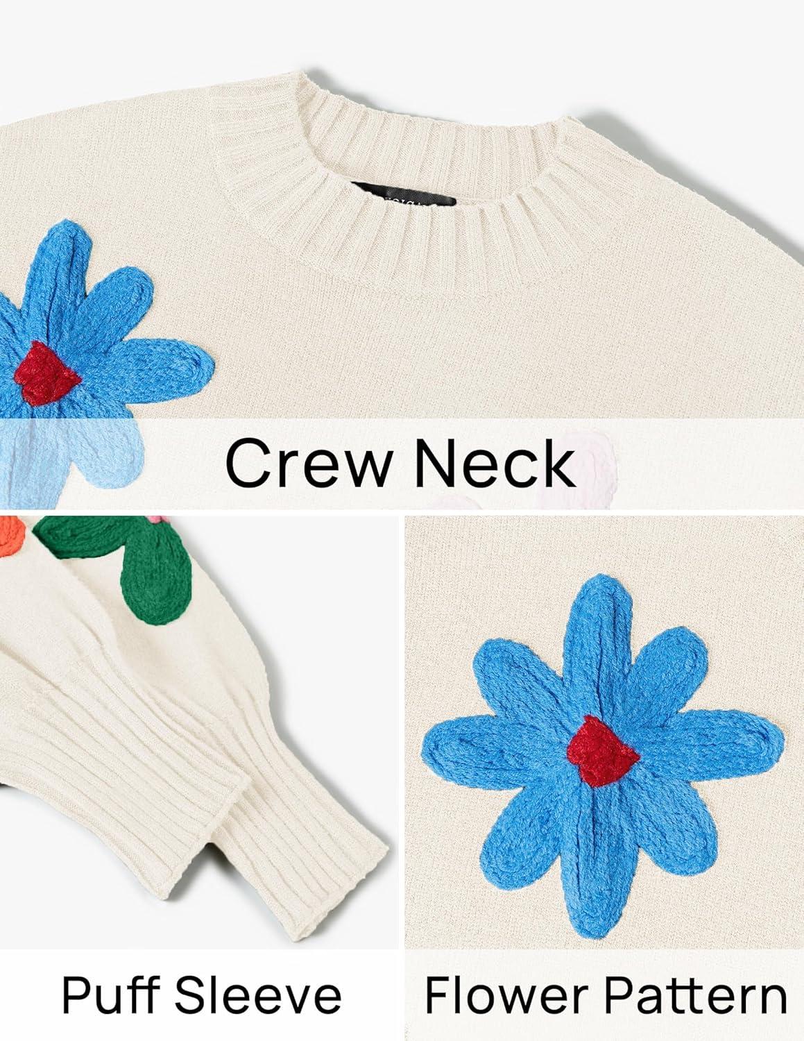 imageZESICA Womens Long Puff Sleeve Sweaters Casual Crewneck Ribbed Knit Flower Color Block Loose Pullover TopsIvory