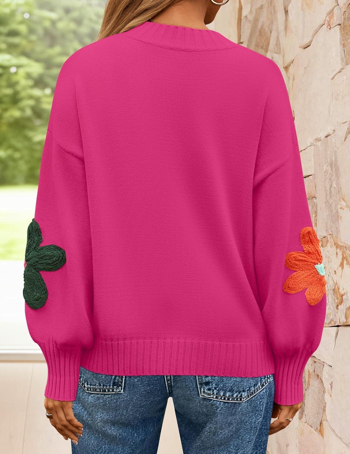 imageZESICA Womens Long Puff Sleeve Sweaters Casual Crewneck Ribbed Knit Flower Color Block Loose Pullover TopsRose