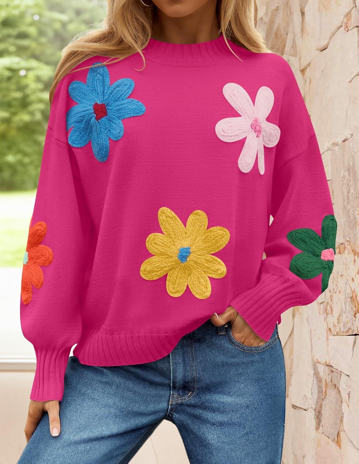 imageZESICA Womens Long Puff Sleeve Sweaters Casual Crewneck Ribbed Knit Flower Color Block Loose Pullover TopsRose