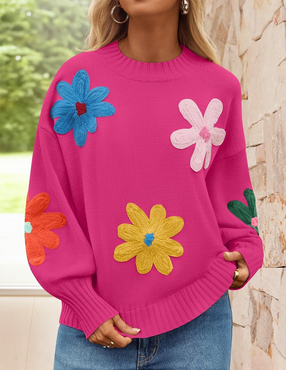 imageZESICA Womens Long Puff Sleeve Sweaters Casual Crewneck Ribbed Knit Flower Color Block Loose Pullover TopsRose