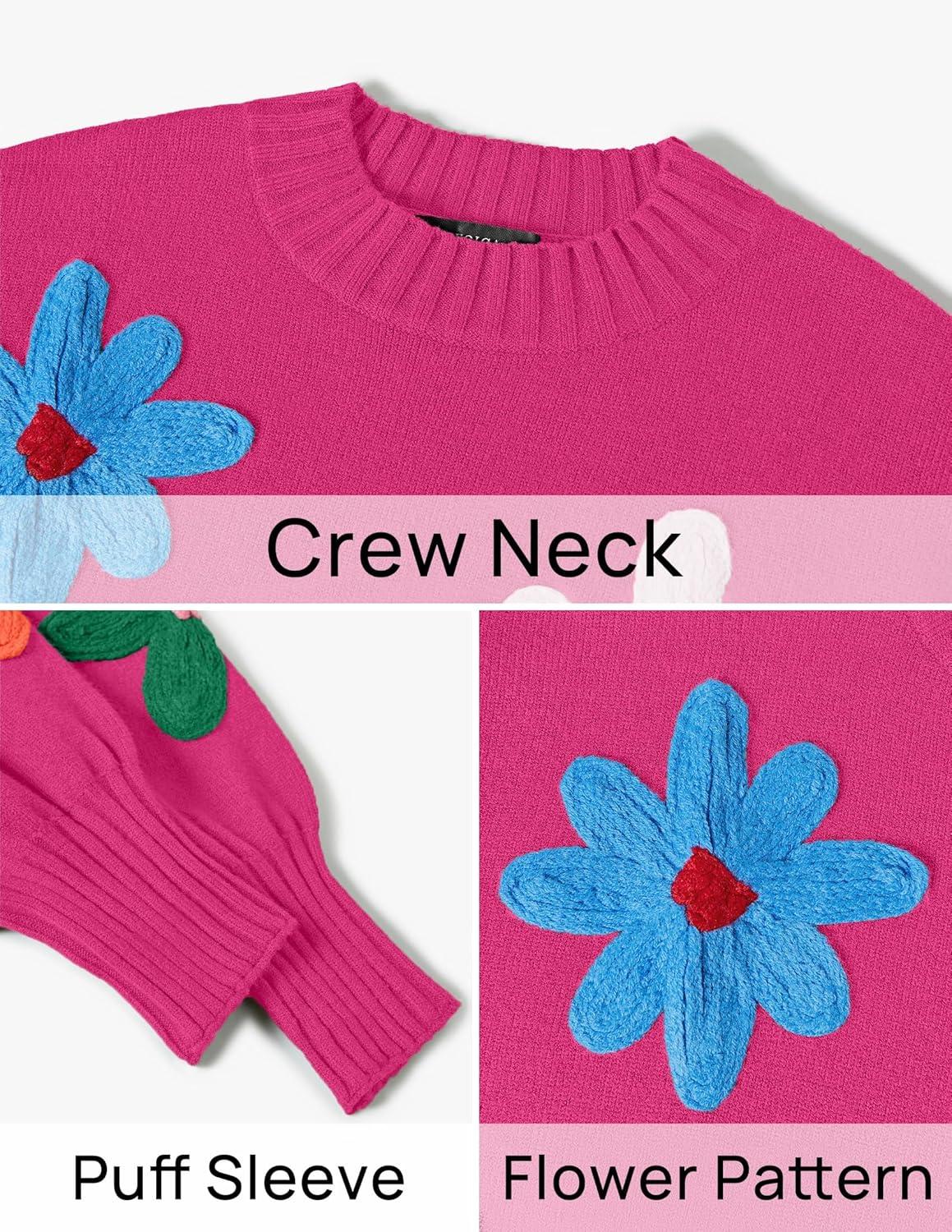 imageZESICA Womens Long Puff Sleeve Sweaters Casual Crewneck Ribbed Knit Flower Color Block Loose Pullover TopsRose