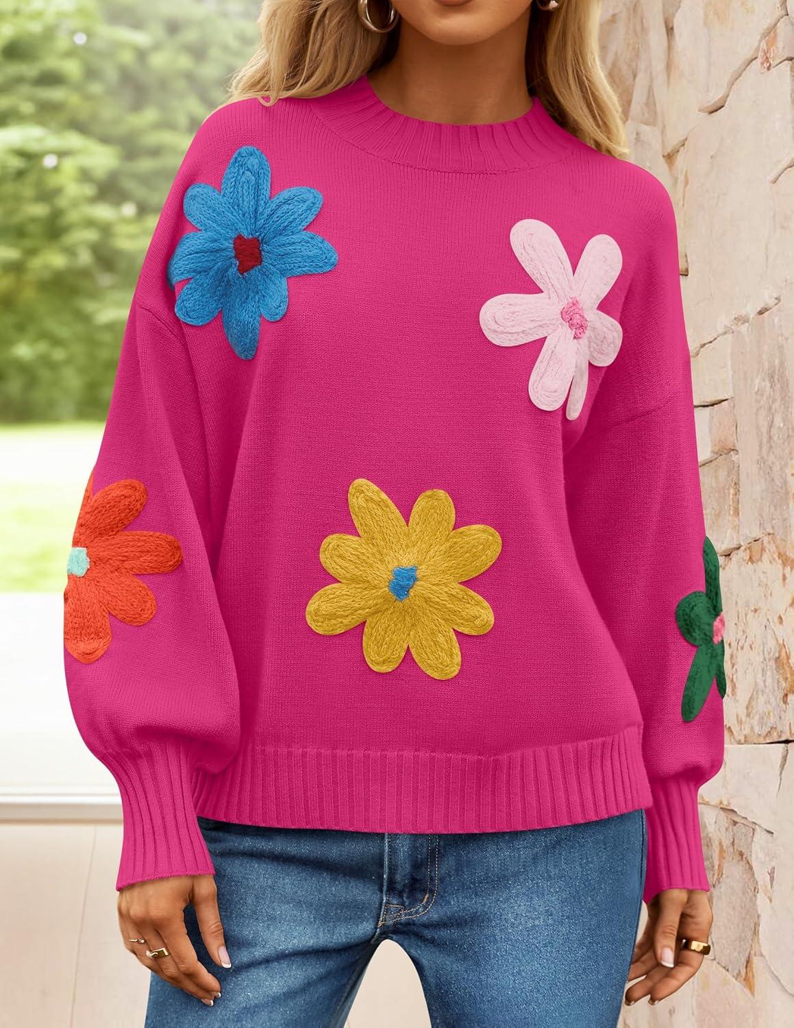 imageZESICA Womens Long Puff Sleeve Sweaters Casual Crewneck Ribbed Knit Flower Color Block Loose Pullover TopsRose
