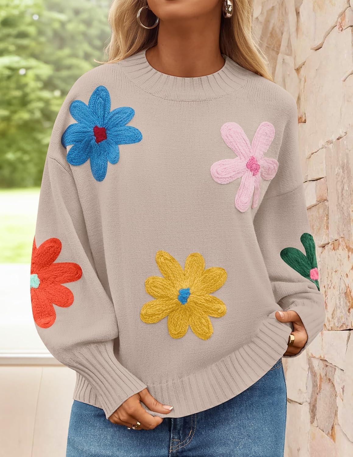 imageZESICA Womens Long Puff Sleeve Sweaters Casual Crewneck Ribbed Knit Flower Color Block Loose Pullover TopsSand