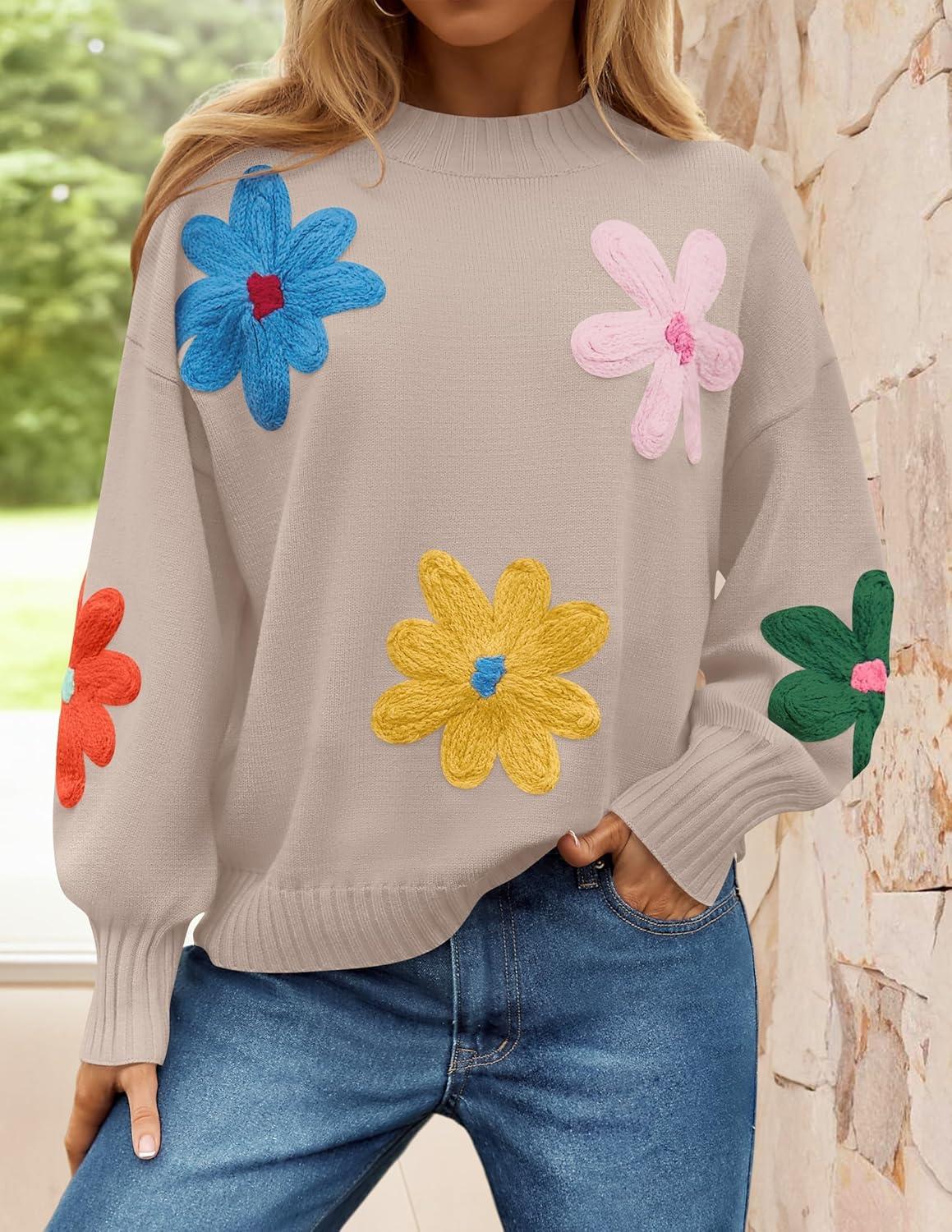 imageZESICA Womens Long Puff Sleeve Sweaters Casual Crewneck Ribbed Knit Flower Color Block Loose Pullover TopsSand